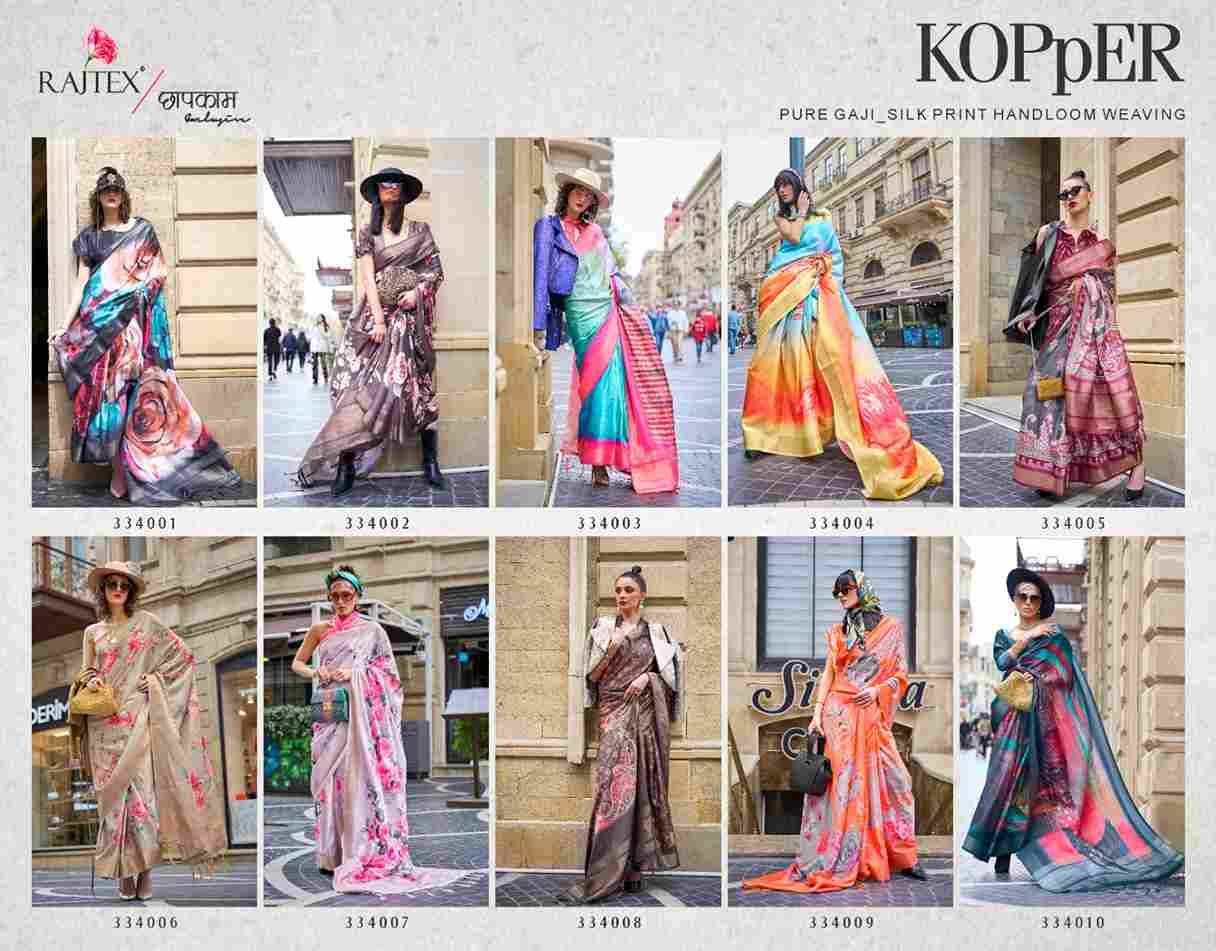 Kopper By Raj Tex 334001 To 334010 Series Indian Traditional Wear Collection Beautiful Stylish Fancy Colorful Party Wear & Occasional Wear Silk Digital Print Sarees At Wholesale Price