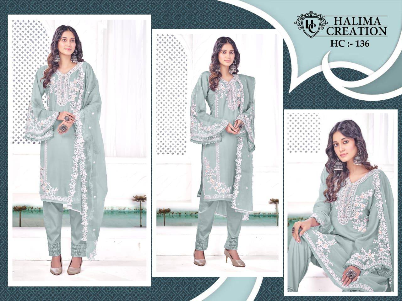 Halima 136 Colours By Fashid Wholesale 136-A To 136-C Series Pakistani Suits Beautiful Fancy Colorful Stylish Party Wear & Occasional Wear Pure Organza With Embroidery Dresses At Wholesale Price