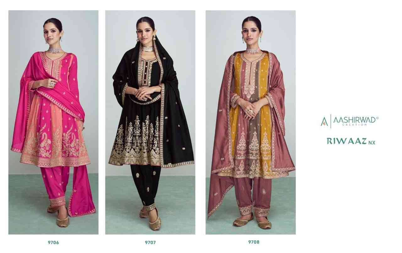 Riwaaz Nx By Aashirwad Creation 9706 To 9708 Series Beautiful Stylish Festive Suits Fancy Colorful Casual Wear & Ethnic Wear & Ready To Wear Premium Silk Dresses At Wholesale Price