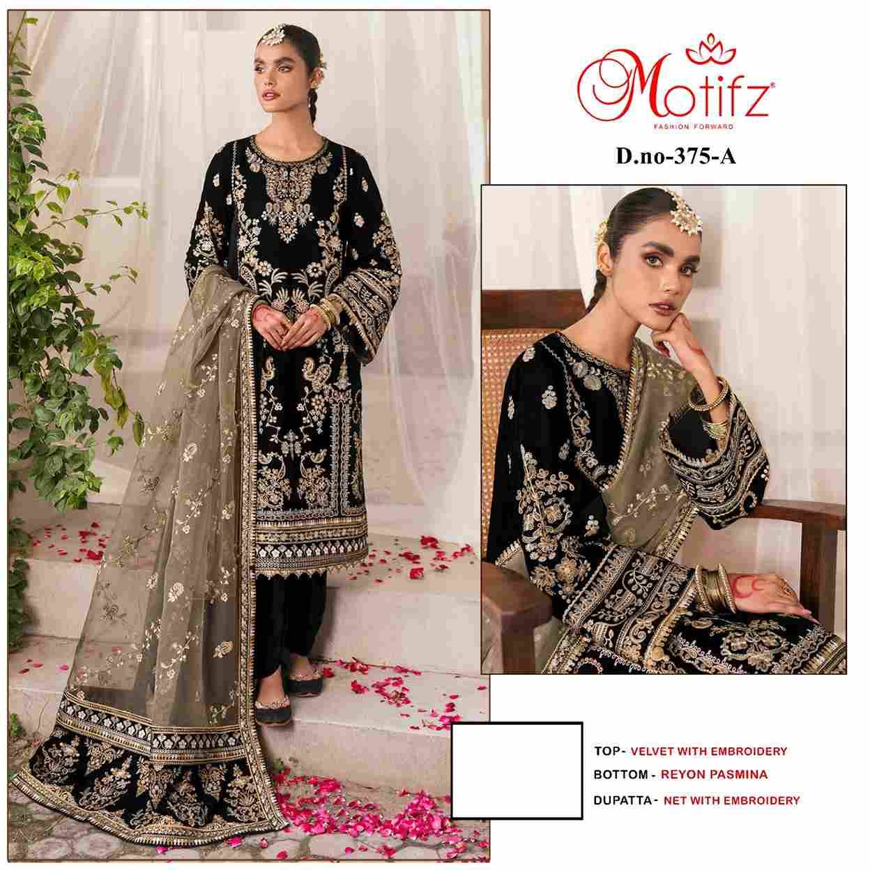 Motifz Hit Design 375 Colours By Motifz 375-A To 375-D Series Beautiful Pakistani Suits Colorful Stylish Fancy Casual Wear & Ethnic Wear Heavy Velvet Embroidered Dresses At Wholesale Price