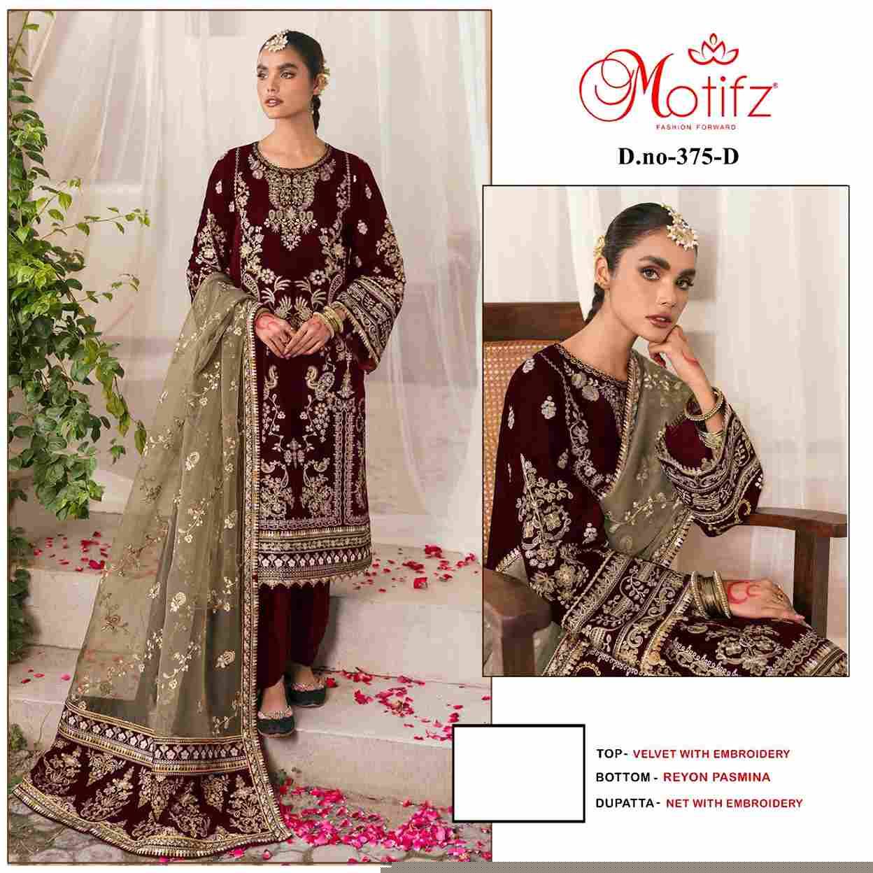 Motifz Hit Design 375 Colours By Motifz 375-A To 375-D Series Beautiful Pakistani Suits Colorful Stylish Fancy Casual Wear & Ethnic Wear Heavy Velvet Embroidered Dresses At Wholesale Price