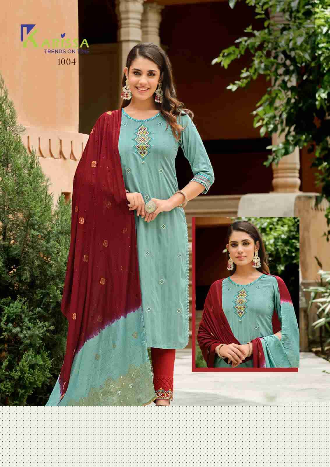 Anushka By Karissa 1001 To 1006 Series Beautiful Stylish Festive Suits Fancy Colorful Casual Wear & Ethnic Wear & Ready To Wear Viscose Rayon Dresses At Wholesale Price