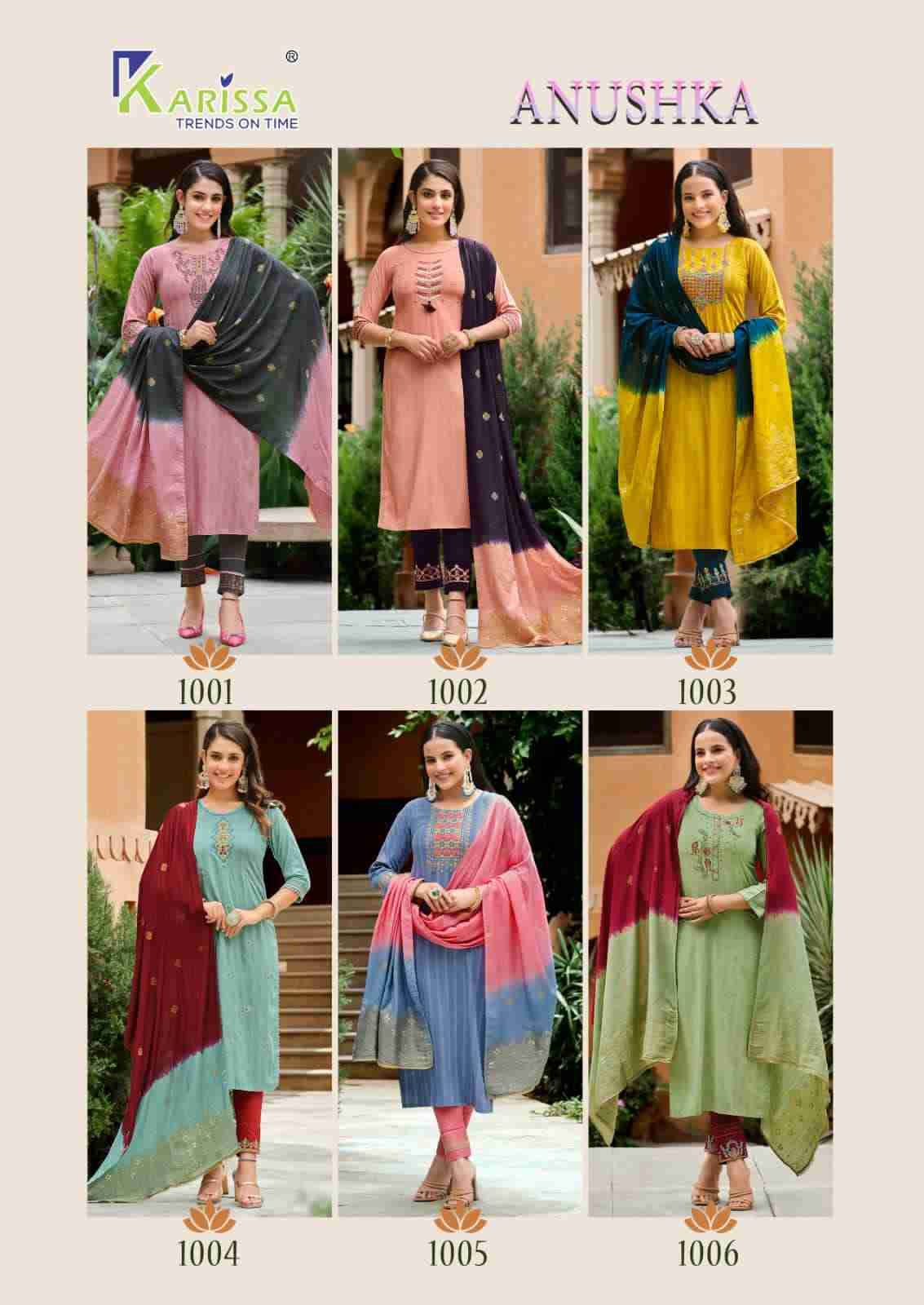 Anushka By Karissa 1001 To 1006 Series Beautiful Stylish Festive Suits Fancy Colorful Casual Wear & Ethnic Wear & Ready To Wear Viscose Rayon Dresses At Wholesale Price