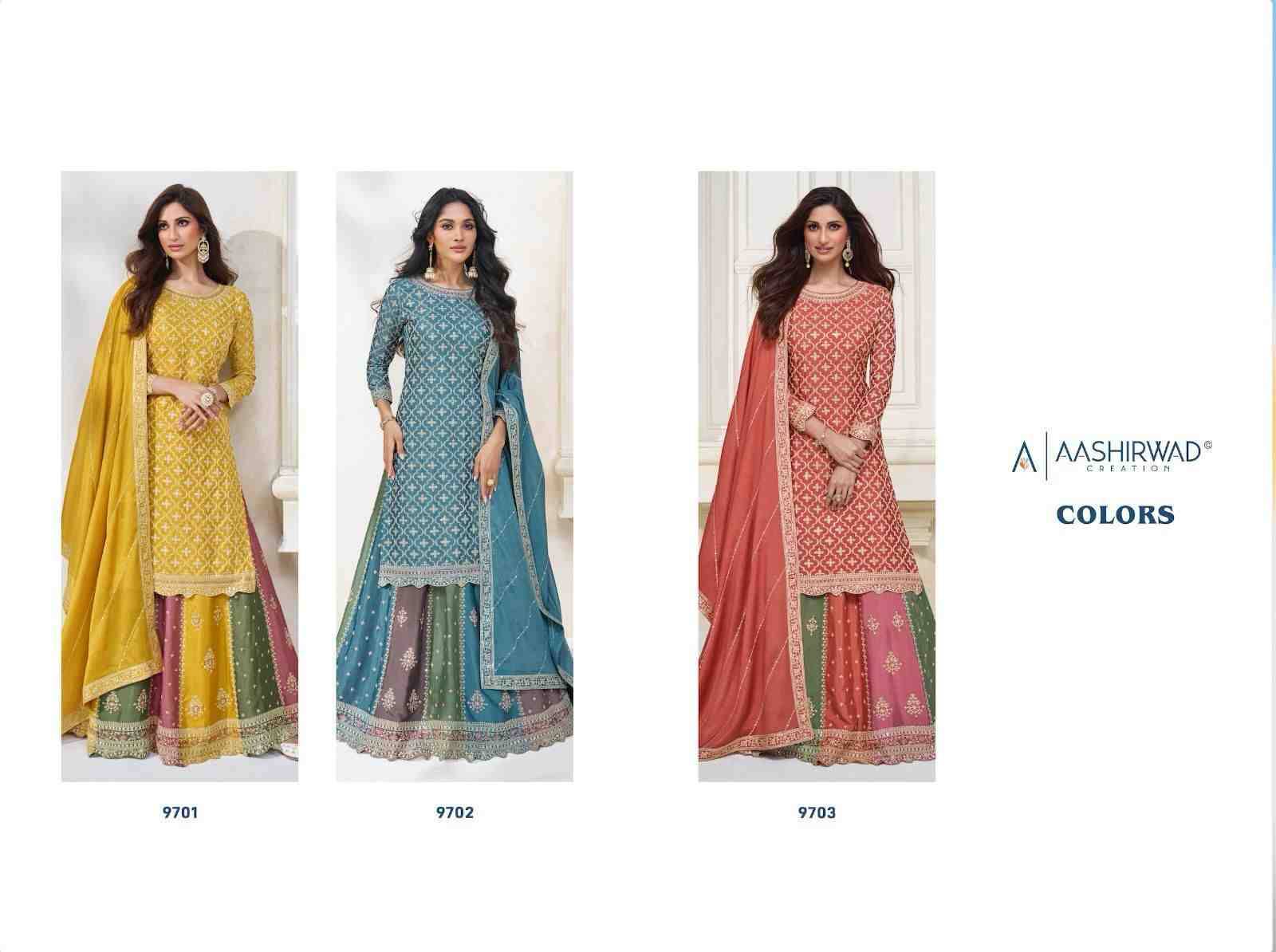 Colors By Aashirwad Creation 9701 To 9703 Series Beautiful Festive Suits Colorful Stylish Fancy Casual Wear & Ethnic Wear Chinnon Silk Dresses At Wholesale Price