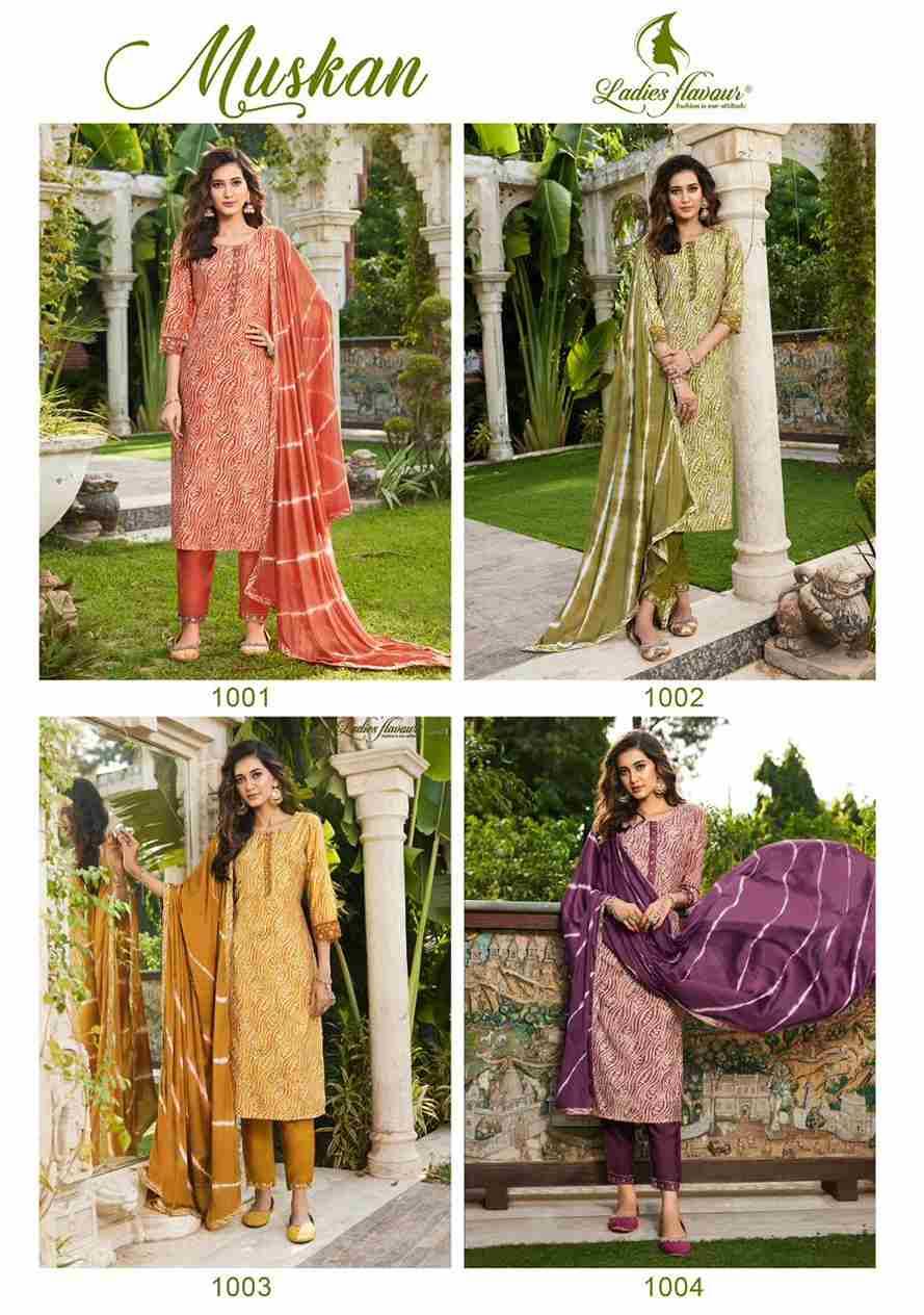 Muskan By Ladies Flavour 1001 To 1004 Series Beautiful Stylish Suits Fancy Colorful Casual Wear & Ethnic Wear & Ready To Wear Modal Chanderi Print With Embroidered Dresses At Wholesale Price