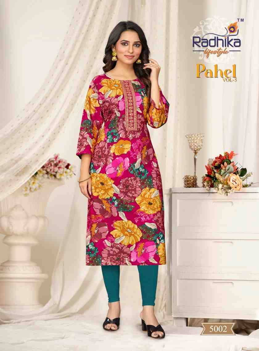 Pahel Vol-5 By Radhika Lifestyle 5001 To 5009 Series Designer Stylish Fancy Colorful Beautiful Party Wear & Ethnic Wear Collection Rayon Prints Kurtis At Wholesale Price