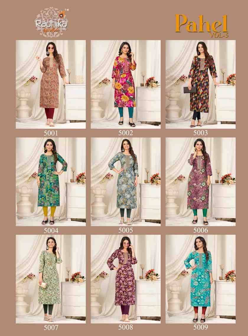 Pahel Vol-5 By Radhika Lifestyle 5001 To 5009 Series Designer Stylish Fancy Colorful Beautiful Party Wear & Ethnic Wear Collection Rayon Prints Kurtis At Wholesale Price