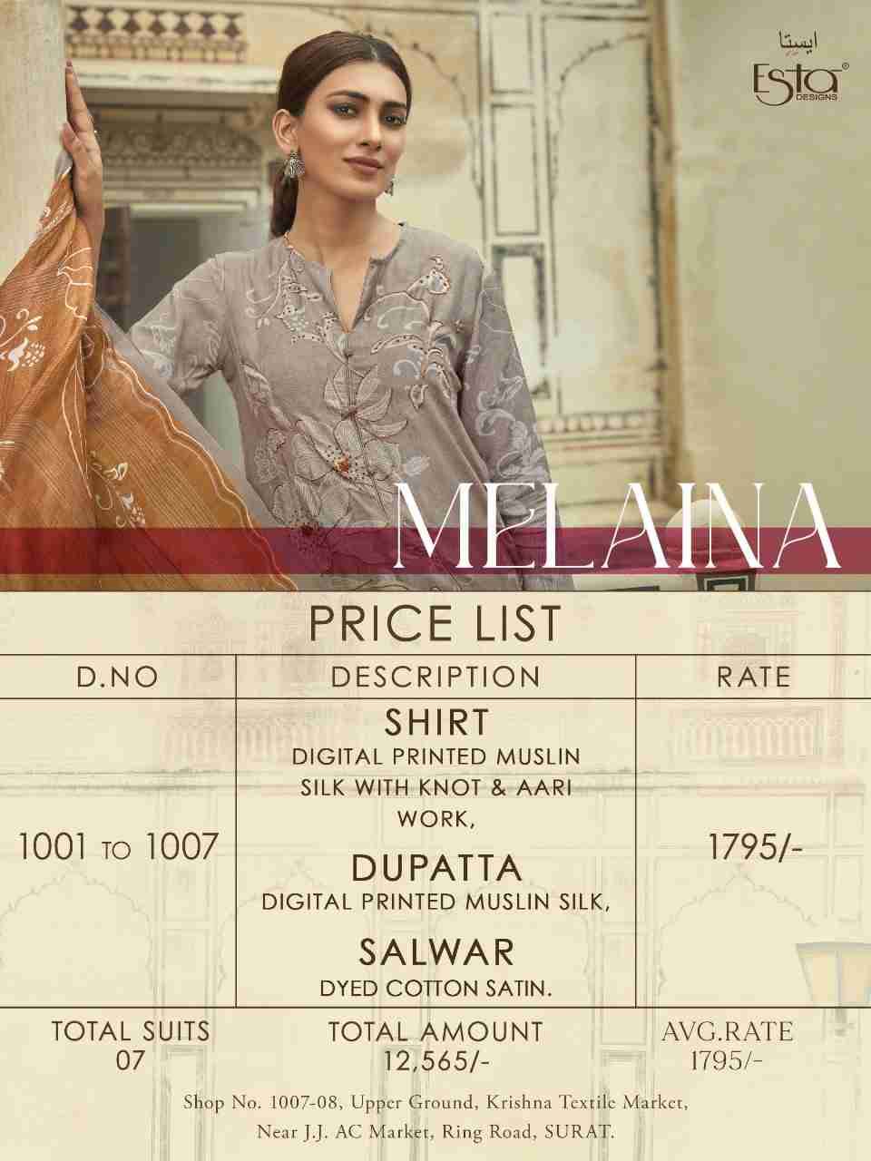 Melaina By Esta Designs 1001 To 1007 Series Beautiful Stylish Festive Suits Fancy Colorful Casual Wear & Ethnic Wear & Ready To Wear Muslin Digital Print Dresses At Wholesale Price