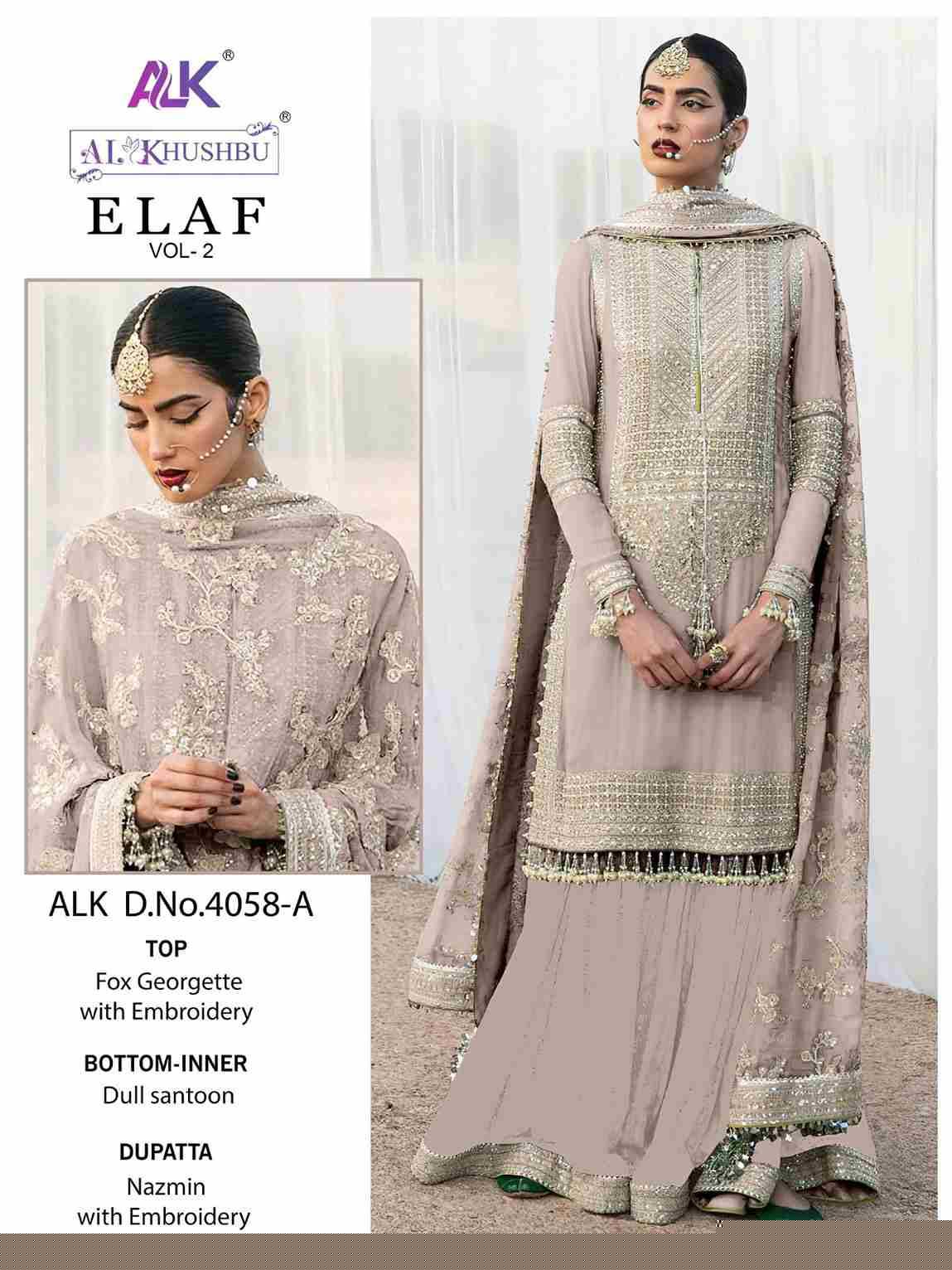 Elaf Vol-2 By Al Khushbu 4058-A To 4058-D Series Beautiful Pakistani Suits Colorful Stylish Fancy Casual Wear & Ethnic Wear Faux Georgette Embroidered Dresses At Wholesale Price