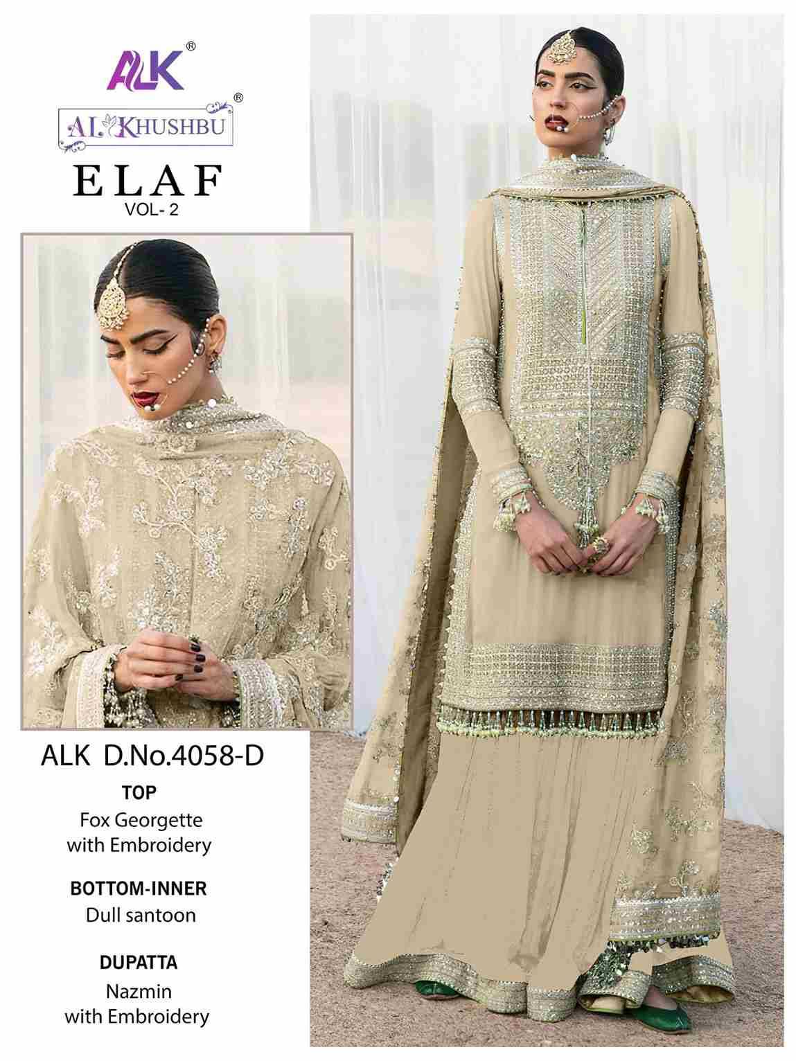 Elaf Vol-2 By Al Khushbu 4058-A To 4058-D Series Beautiful Pakistani Suits Colorful Stylish Fancy Casual Wear & Ethnic Wear Faux Georgette Embroidered Dresses At Wholesale Price