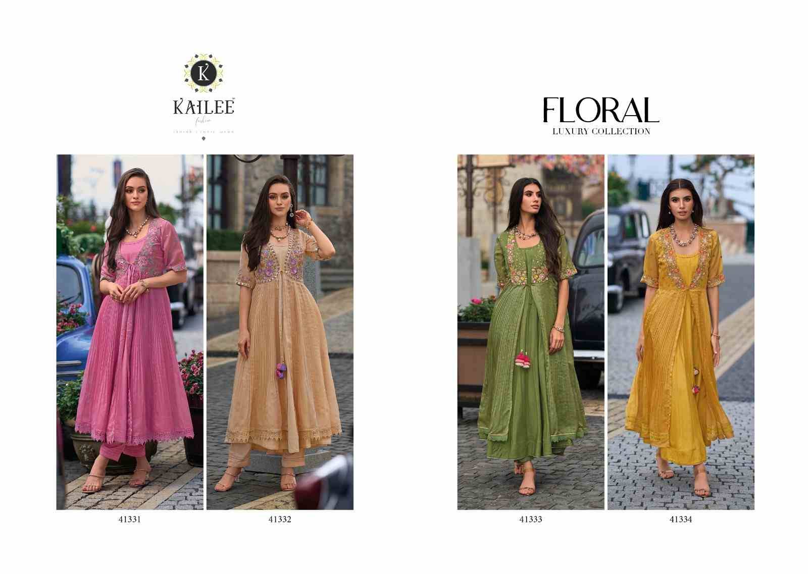 Floral By Kailee 41331 To 41334 Series Designer Stylish Fancy Colorful Beautiful Party Wear & Ethnic Wear Collection Viscose Organza Silk Kurtis With Bottom At Wholesale Price