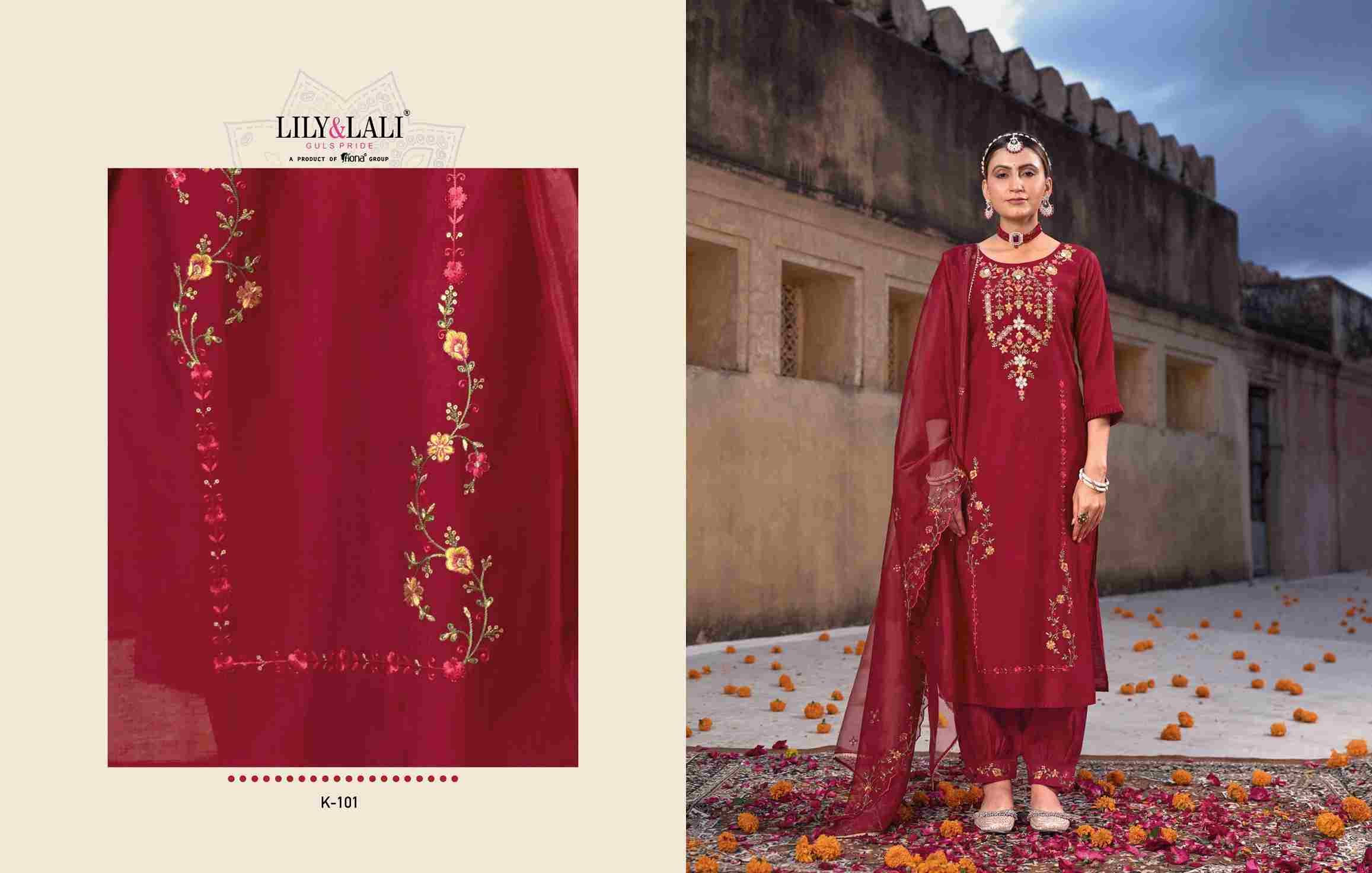 Karwa By Lily And Lali 101 To 106 Series Beautiful Festive Suits Colorful Stylish Fancy Casual Wear & Ethnic Wear Viscose/Organza Silk/Silk Embroidered Dresses At Wholesale Price