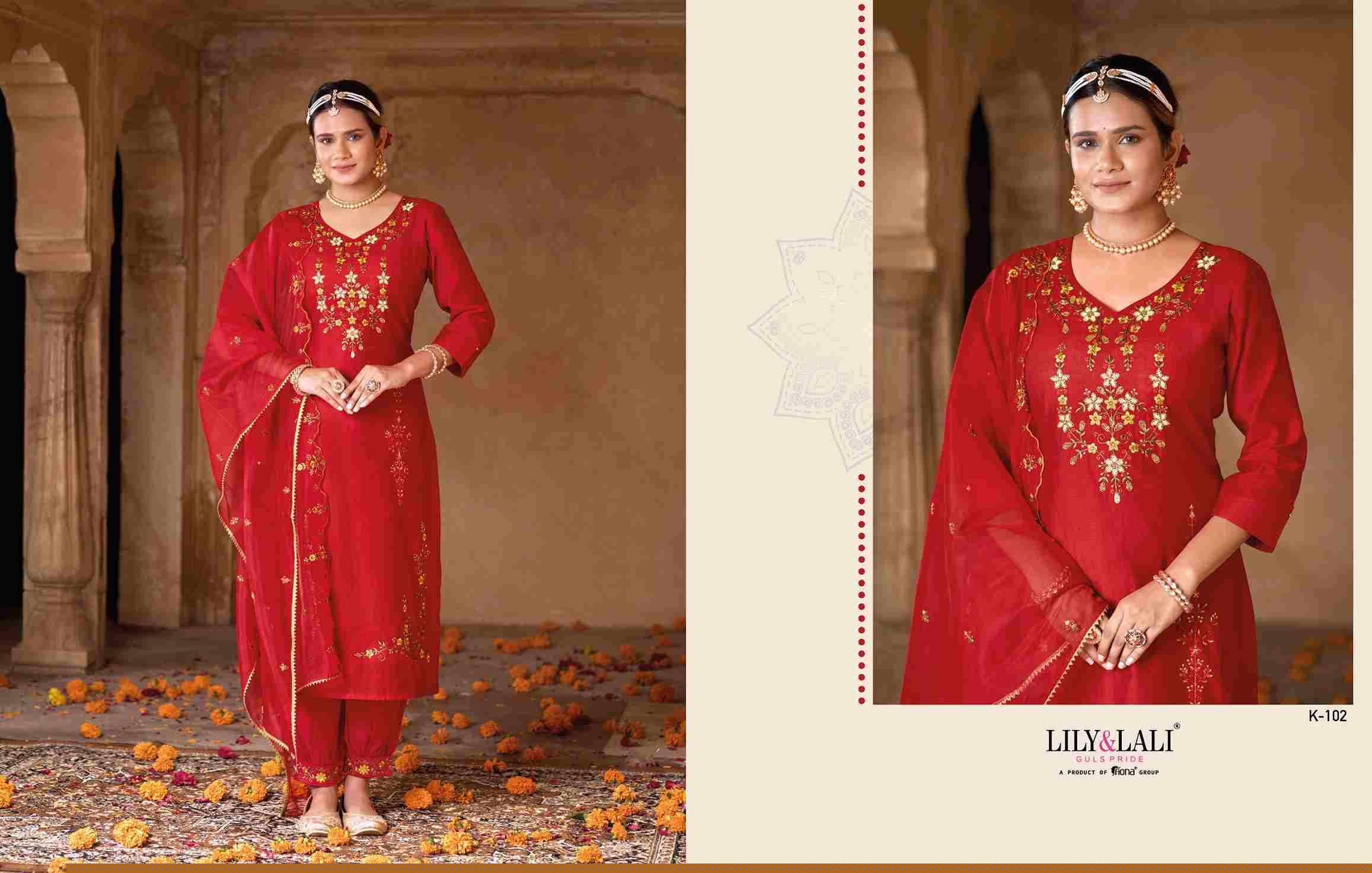 Karwa By Lily And Lali 101 To 106 Series Beautiful Festive Suits Colorful Stylish Fancy Casual Wear & Ethnic Wear Viscose/Organza Silk/Silk Embroidered Dresses At Wholesale Price