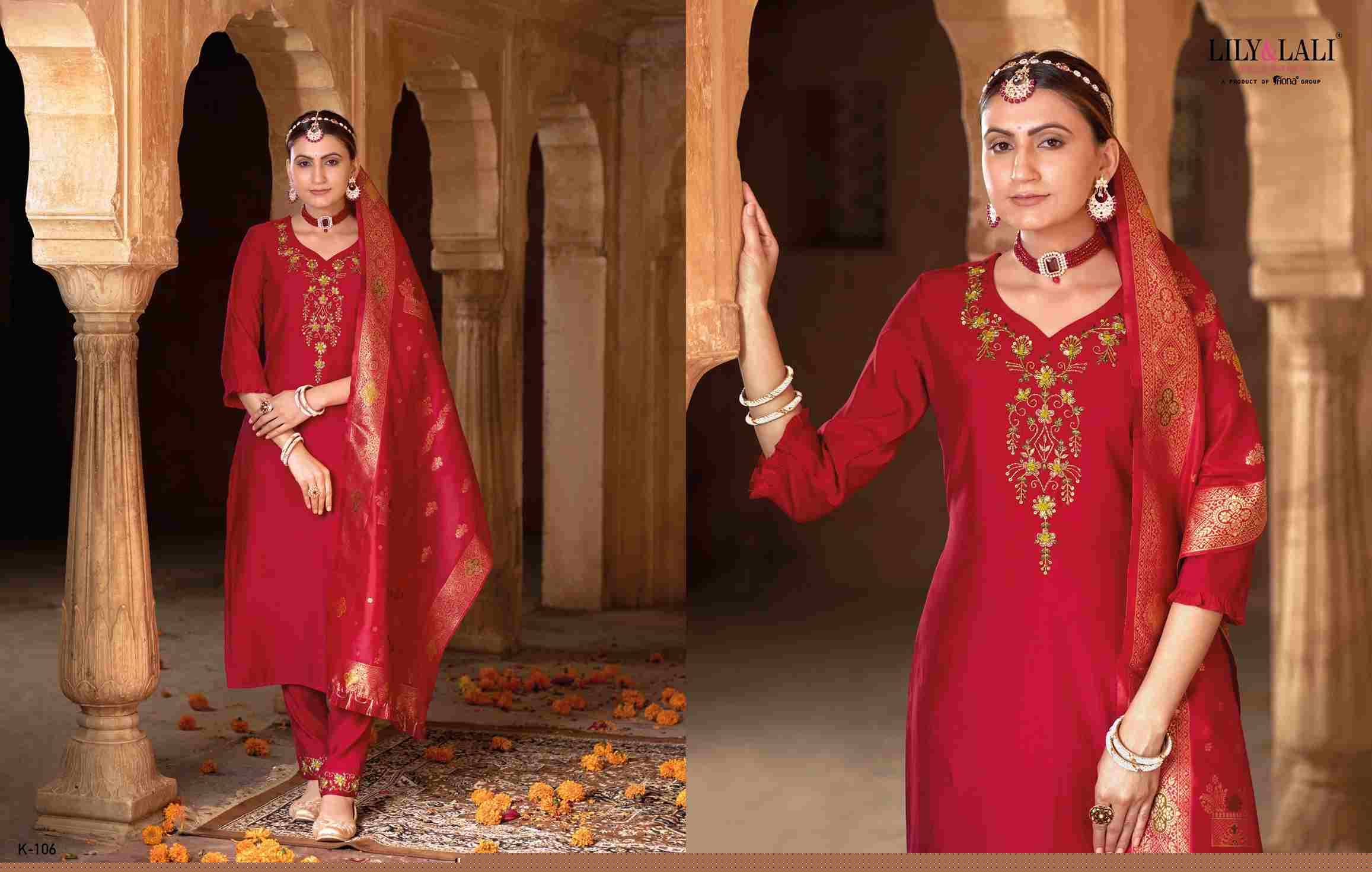 Karwa By Lily And Lali 101 To 106 Series Beautiful Festive Suits Colorful Stylish Fancy Casual Wear & Ethnic Wear Viscose/Organza Silk/Silk Embroidered Dresses At Wholesale Price