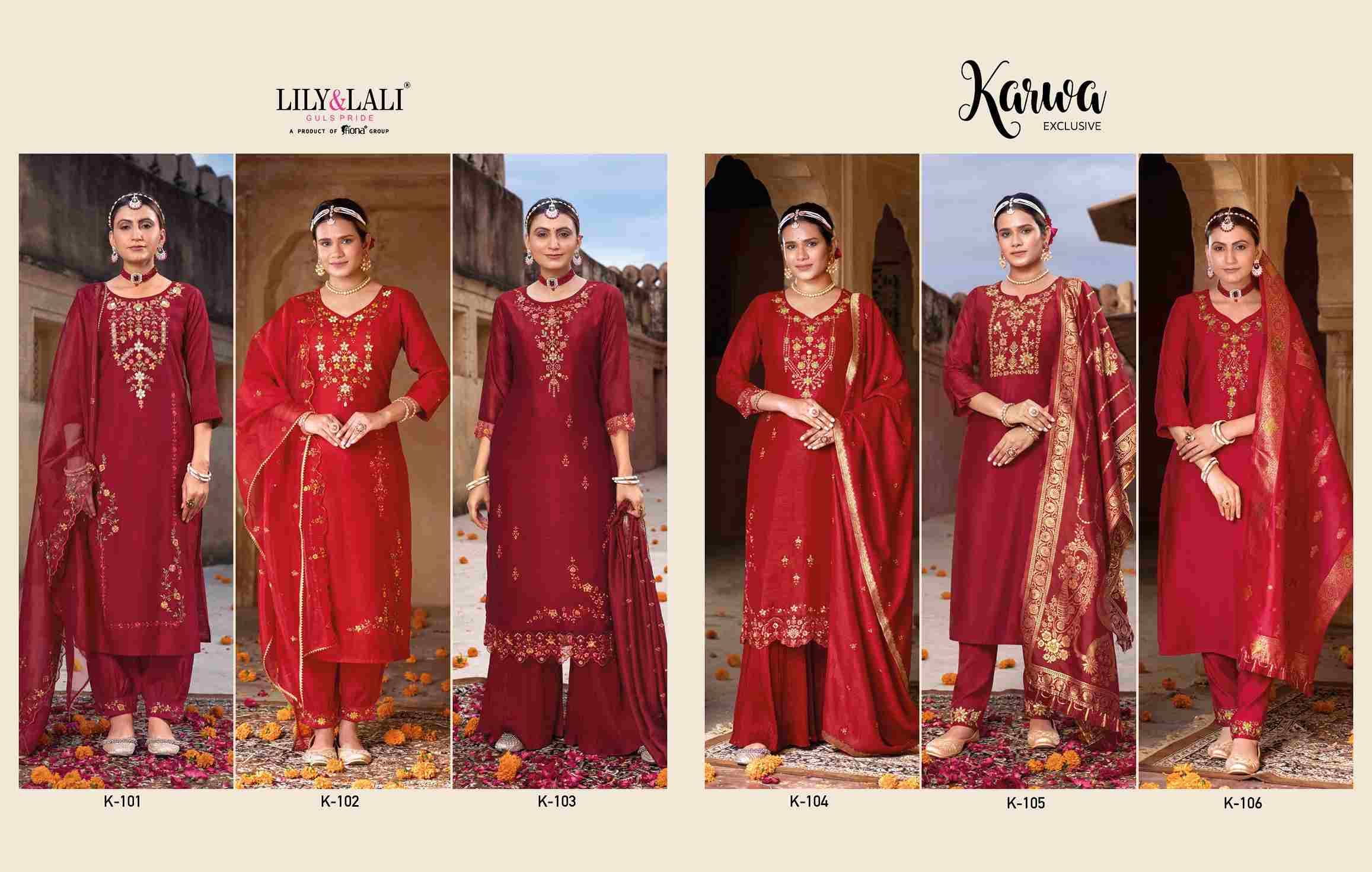 Karwa By Lily And Lali 101 To 106 Series Beautiful Festive Suits Colorful Stylish Fancy Casual Wear & Ethnic Wear Viscose/Organza Silk/Silk Embroidered Dresses At Wholesale Price
