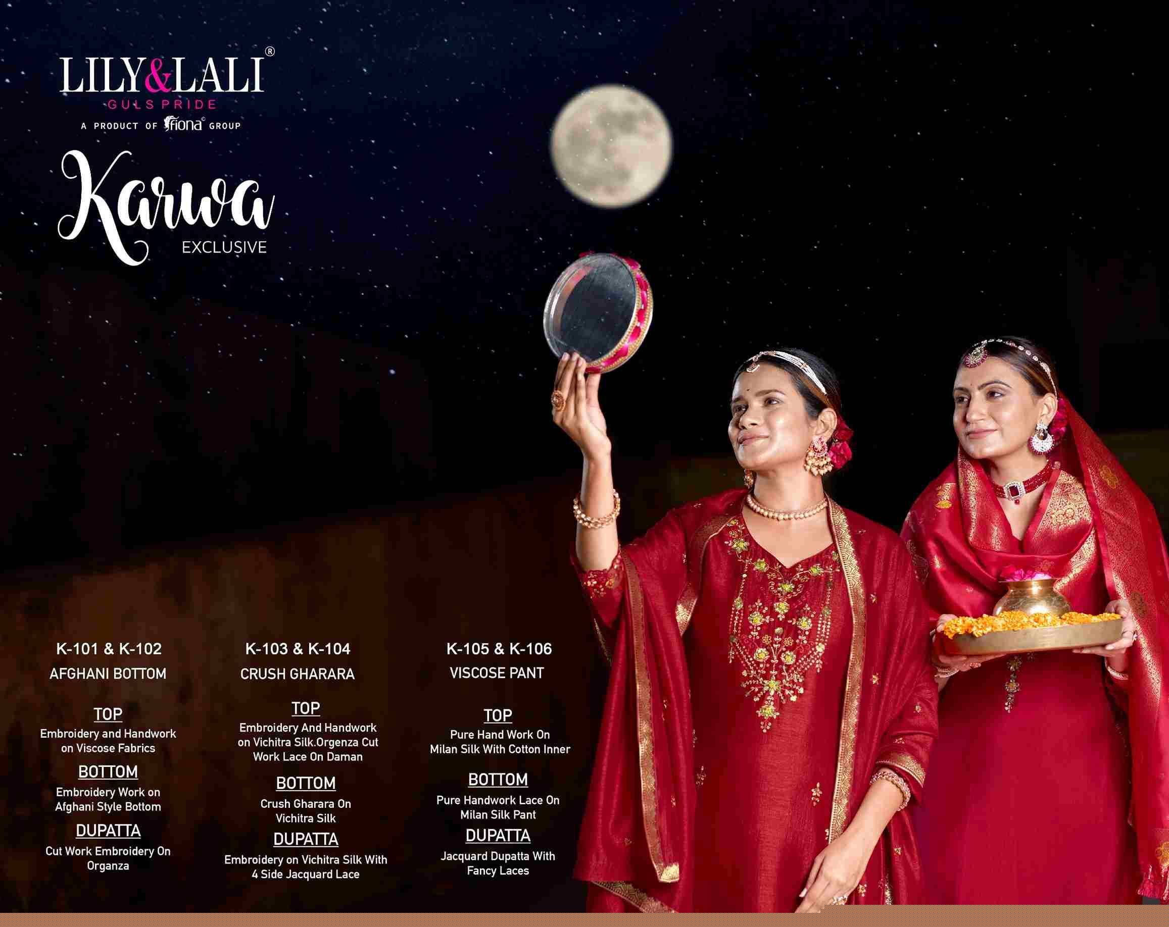 Karwa By Lily And Lali 101 To 106 Series Beautiful Festive Suits Colorful Stylish Fancy Casual Wear & Ethnic Wear Viscose/Organza Silk/Silk Embroidered Dresses At Wholesale Price