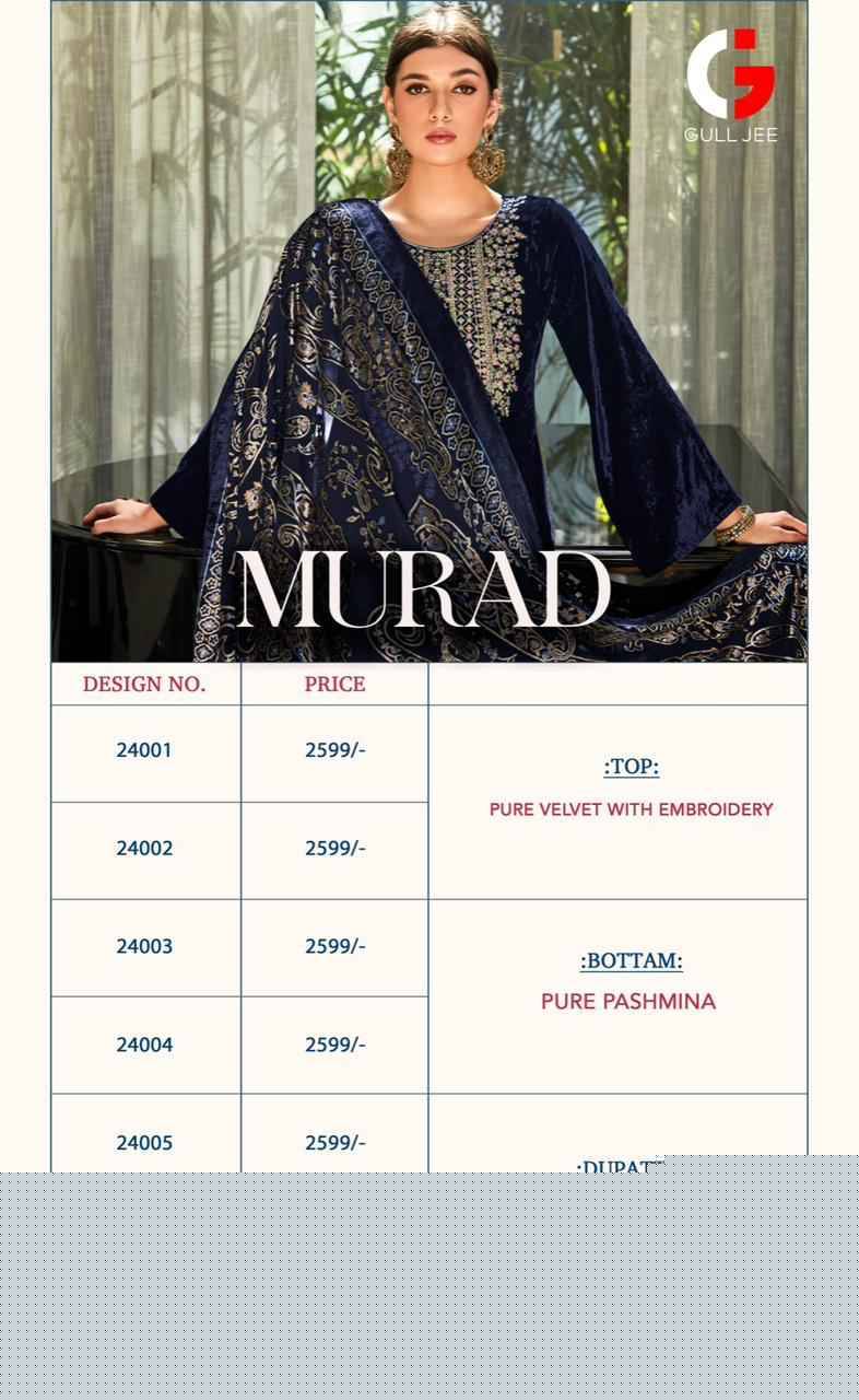 Murad By Gull Jee 24001 To 24006 Series Beautiful Festive Suits Colorful Stylish Fancy Casual Wear & Ethnic Wear Pure Velvet Embroidered Dresses At Wholesale Price