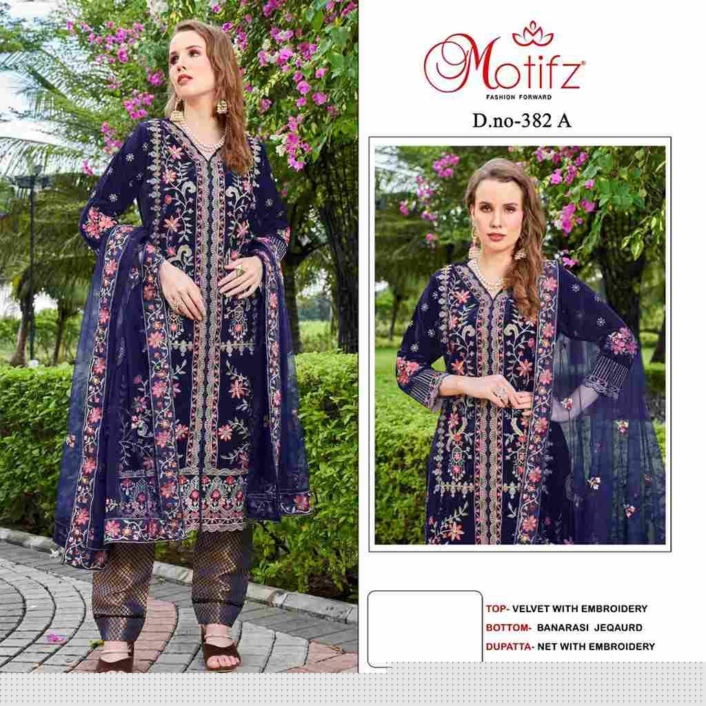 Motifz Hit Design 382 Colours By Motifz 382-A To 382-D Series Beautiful Pakistani Suits Colorful Stylish Fancy Casual Wear & Ethnic Wear Velvet Embroidered Dresses At Wholesale Price