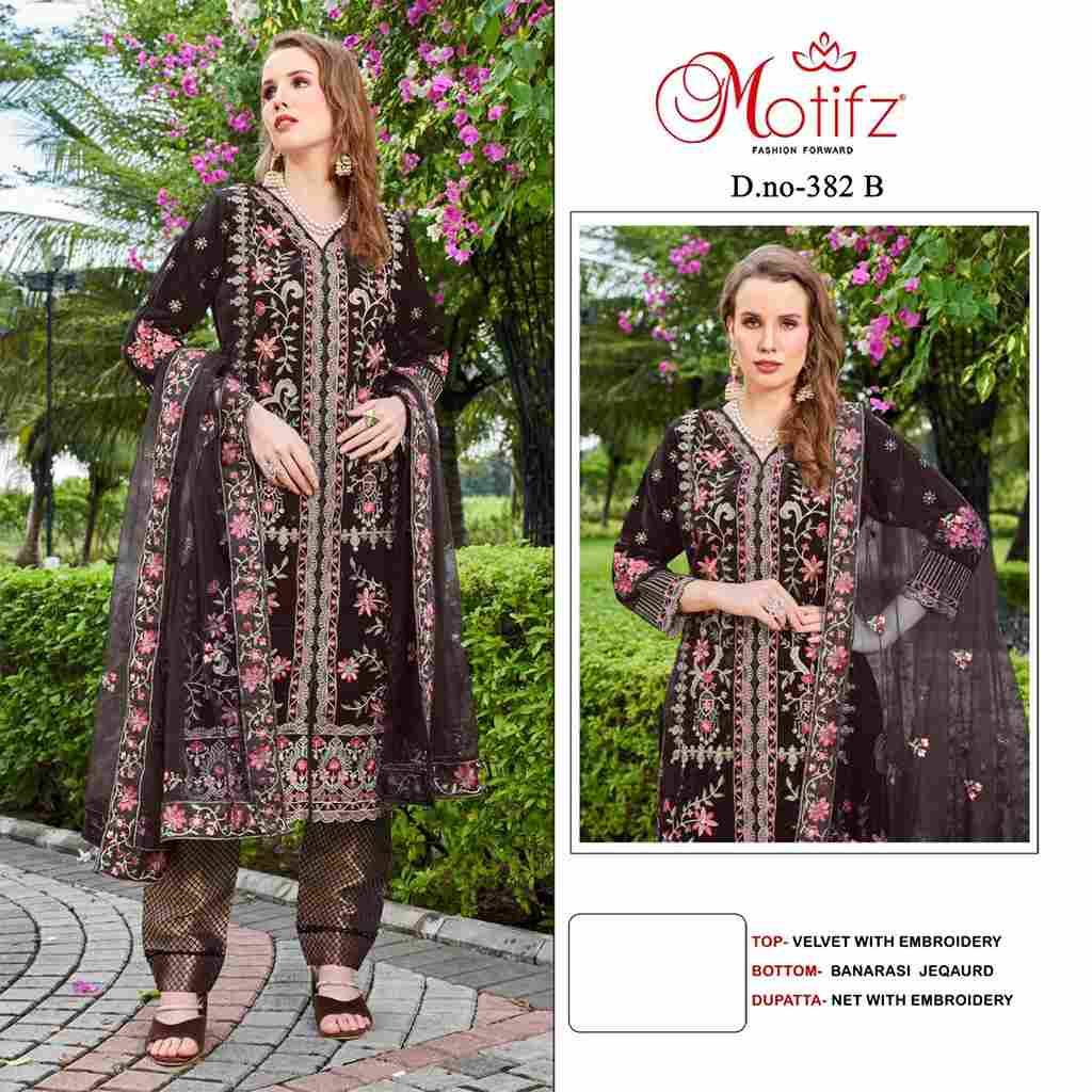 Motifz Hit Design 382 Colours By Motifz 382-A To 382-D Series Beautiful Pakistani Suits Colorful Stylish Fancy Casual Wear & Ethnic Wear Velvet Embroidered Dresses At Wholesale Price