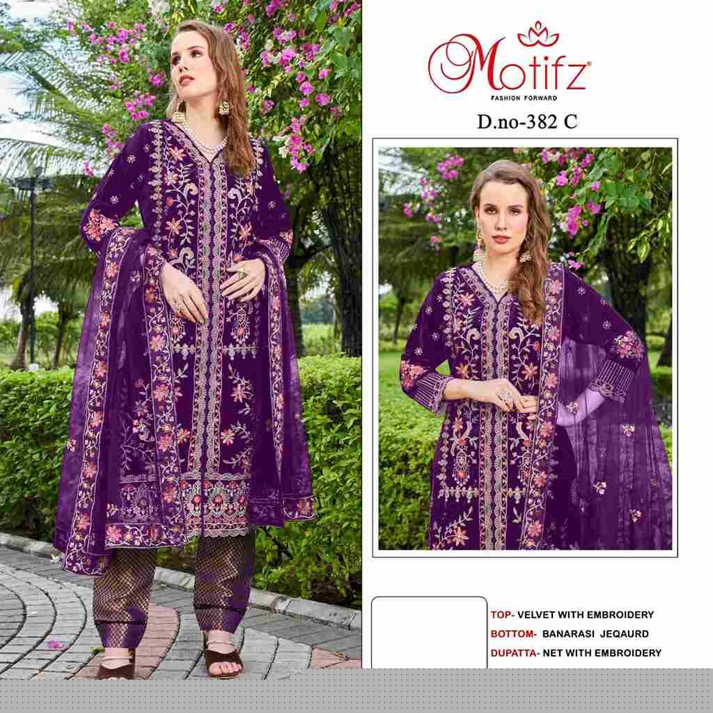 Motifz Hit Design 382 Colours By Motifz 382-A To 382-D Series Beautiful Pakistani Suits Colorful Stylish Fancy Casual Wear & Ethnic Wear Velvet Embroidered Dresses At Wholesale Price