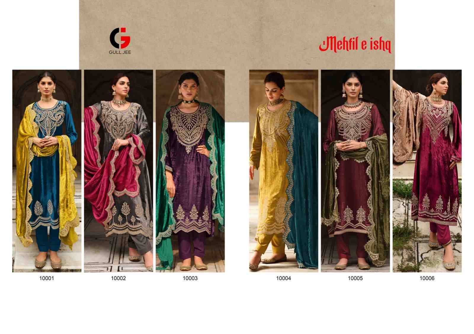Mehfil E Ishq By Gull Jee 10001 To 10006 Series Beautiful Festive Suits Colorful Stylish Fancy Casual Wear & Ethnic Wear Viscose Velvet Embroidered Dresses At Wholesale Price