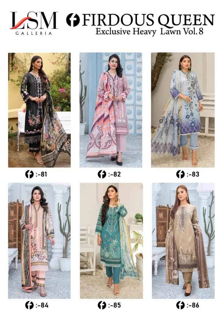 Firdous Queen Vol-8 By Lsm Galleria 81 To 86 Series Beautiful Pakistani Suits Stylish Fancy Colorful Casual Wear & Ethnic Wear Pure Lawn Dresses At Wholesale Price