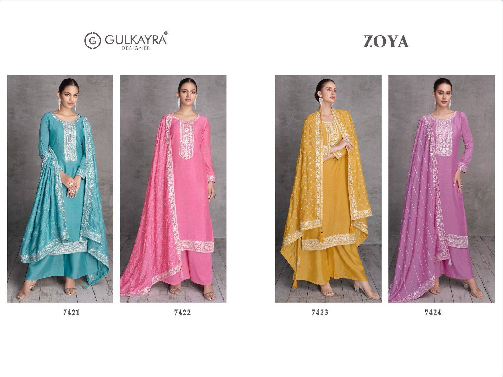 Zoya By Gulkayra Designer 7421 To 7424 Series Beautiful Sharara Suits Stylish Fancy Colorful Party Wear & Occasional Wear Silk Embroidered Dresses At Wholesale Price