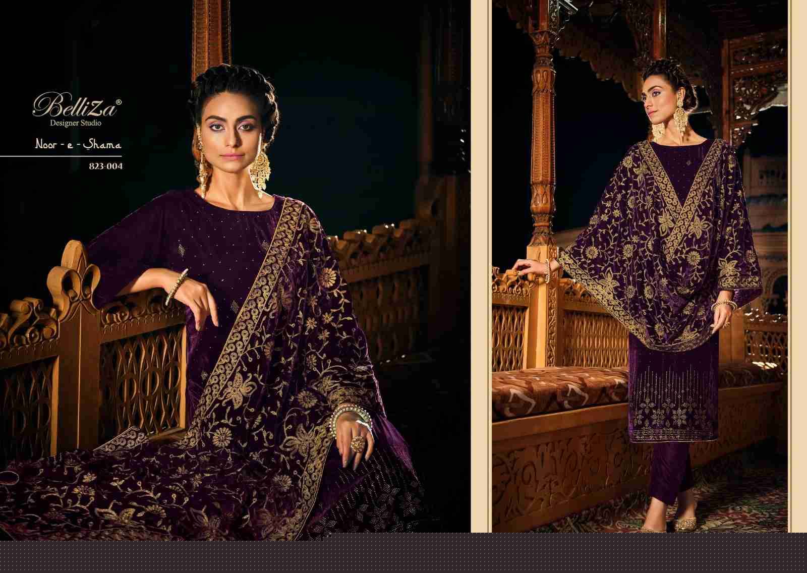 Noor-E-Shama By Belliza 823-001 To 823-006 Series Beautiful Stylish Festive Suits Fancy Colorful Casual Wear & Ethnic Wear & Ready To Wear Pure Velvet With Work Dresses At Wholesale Price