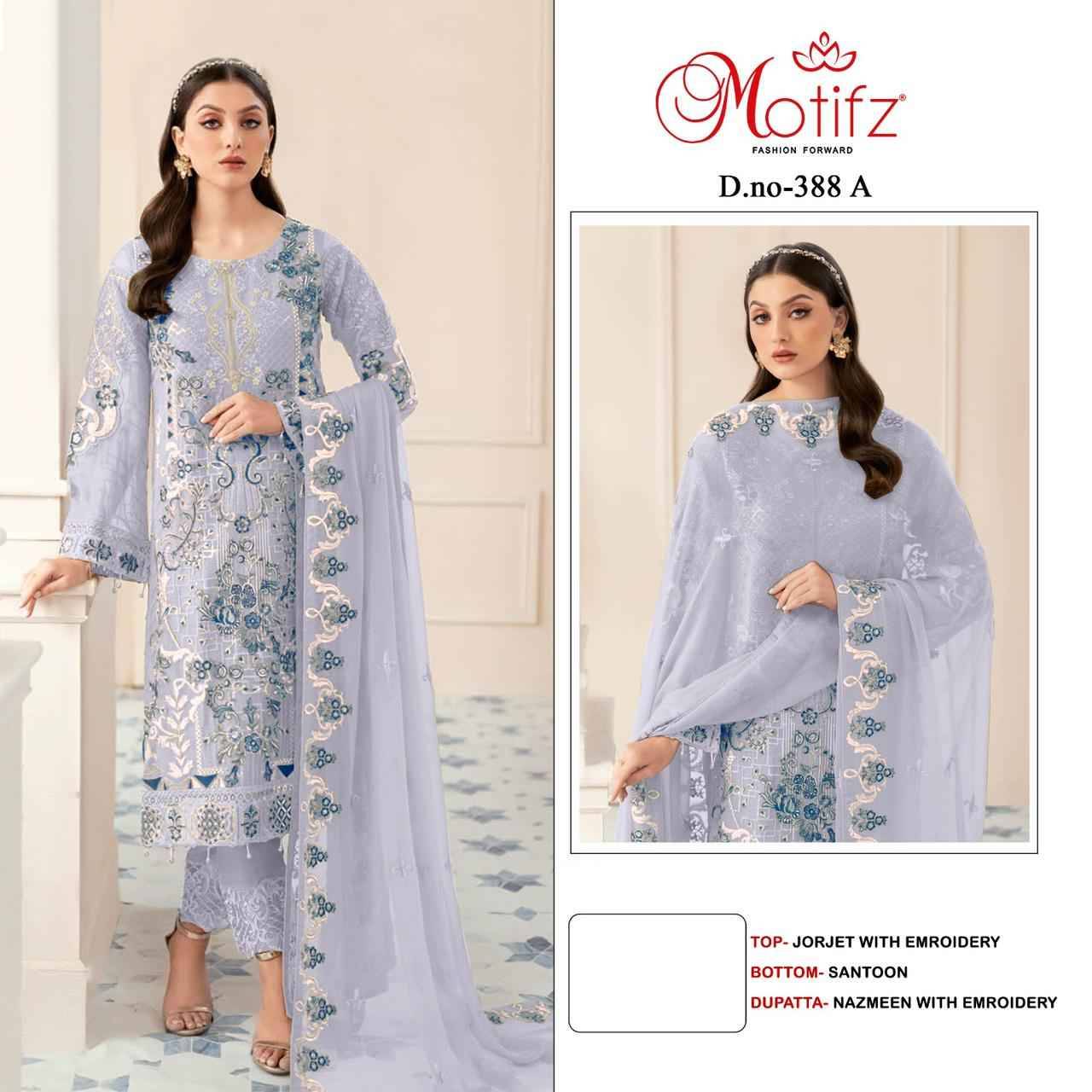 Motifz Hit Design 388 Colours By Motifz 388-A To 388-D Series Beautiful Pakistani Suits Colorful Stylish Fancy Casual Wear & Ethnic Wear Georgette With Embroidered Dresses At Wholesale Price