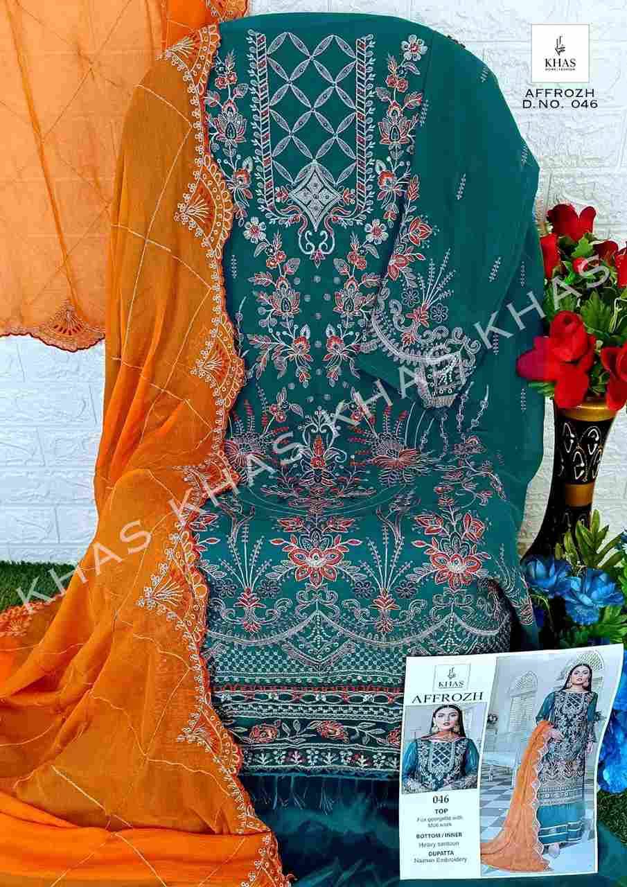 Affrozh By Khas 045 To 047 Series Designer Pakistani Suits Beautiful Stylish Fancy Colorful Party Wear & Occasional Wear Faux Georgette With Embroidery Dresses At Wholesale Price