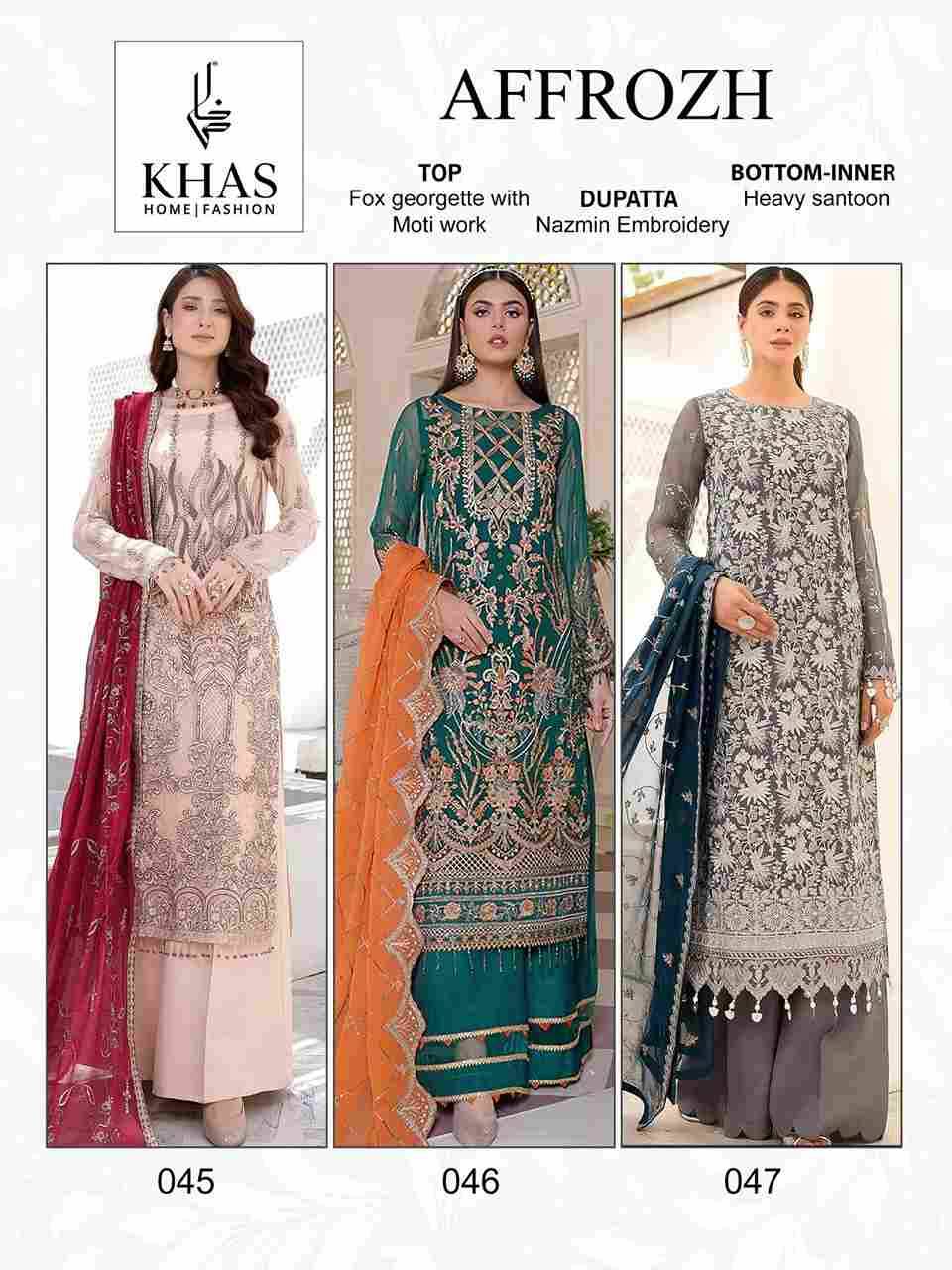 Affrozh By Khas 045 To 047 Series Designer Pakistani Suits Beautiful Stylish Fancy Colorful Party Wear & Occasional Wear Faux Georgette With Embroidery Dresses At Wholesale Price