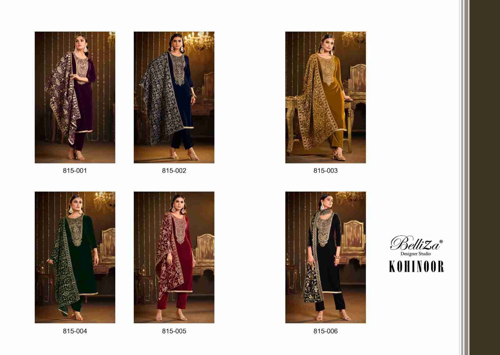 Kohinoor By Belliza 815-001 To 815-006 Series Festive Suits Collection Beautiful Stylish Fancy Colorful Party Wear & Occasional Wear Pure Velvet Embroidered Dresses At Wholesale Price
