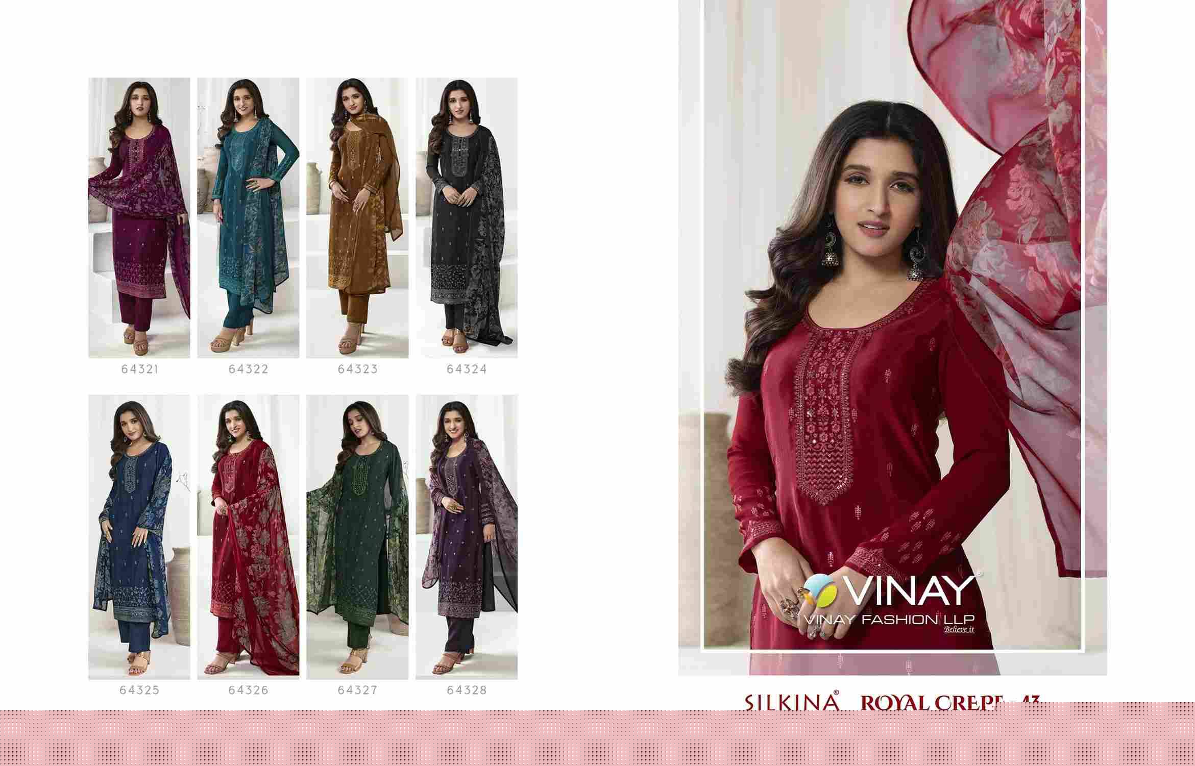 Royal Crepe Vol-43 By Vinay Fashion 64321 To 64328 Series Designer Festive Sharara Suits Collection Beautiful Stylish Fancy Colorful Party Wear & Occasional Wear Royal Crepe Dresses At Wholesale Price