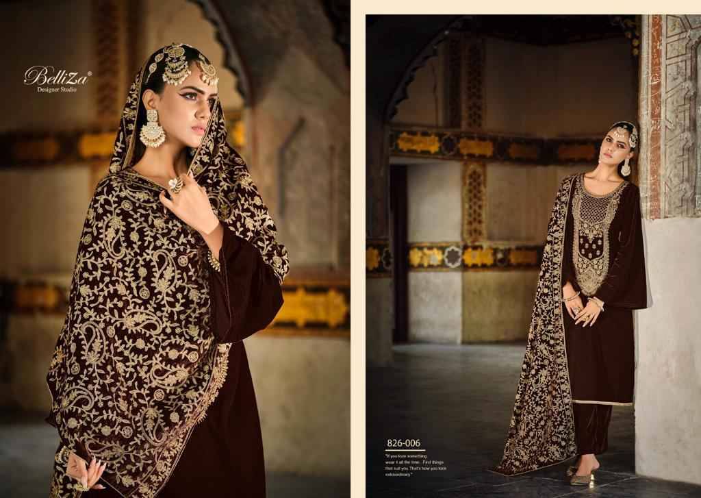 Nagina By Belliza 826-001 To 826-006 Series Beautiful Festive Suits Stylish Fancy Colorful Party Wear & Occasional Wear Pure Velvet Embroidered Dresses At Wholesale Price