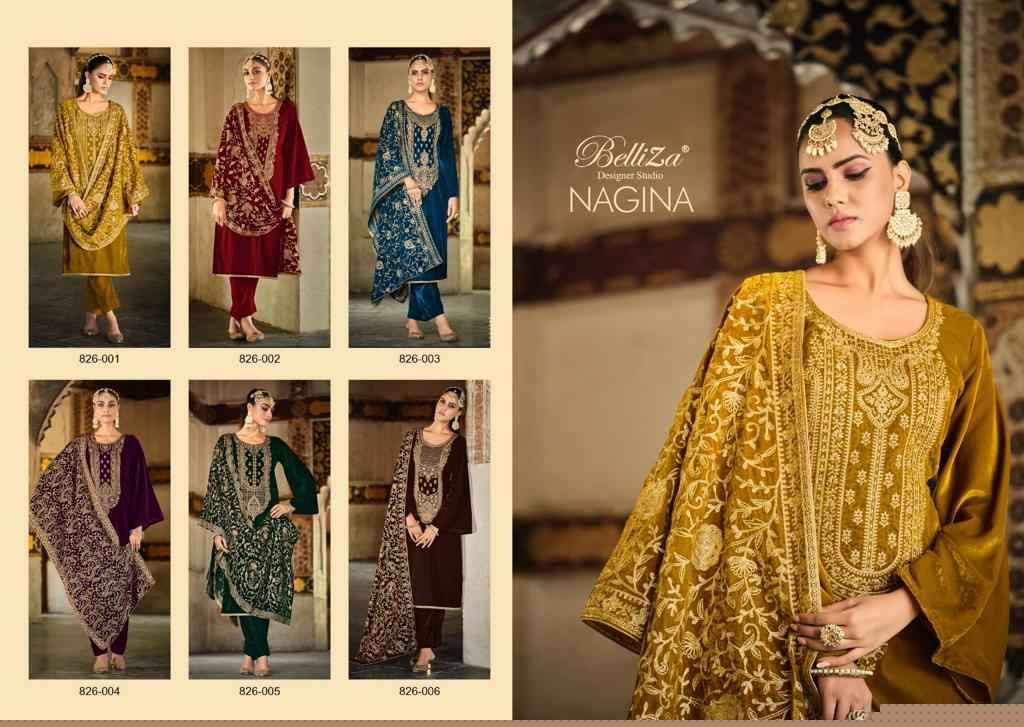 Nagina By Belliza 826-001 To 826-006 Series Beautiful Festive Suits Stylish Fancy Colorful Party Wear & Occasional Wear Pure Velvet Embroidered Dresses At Wholesale Price