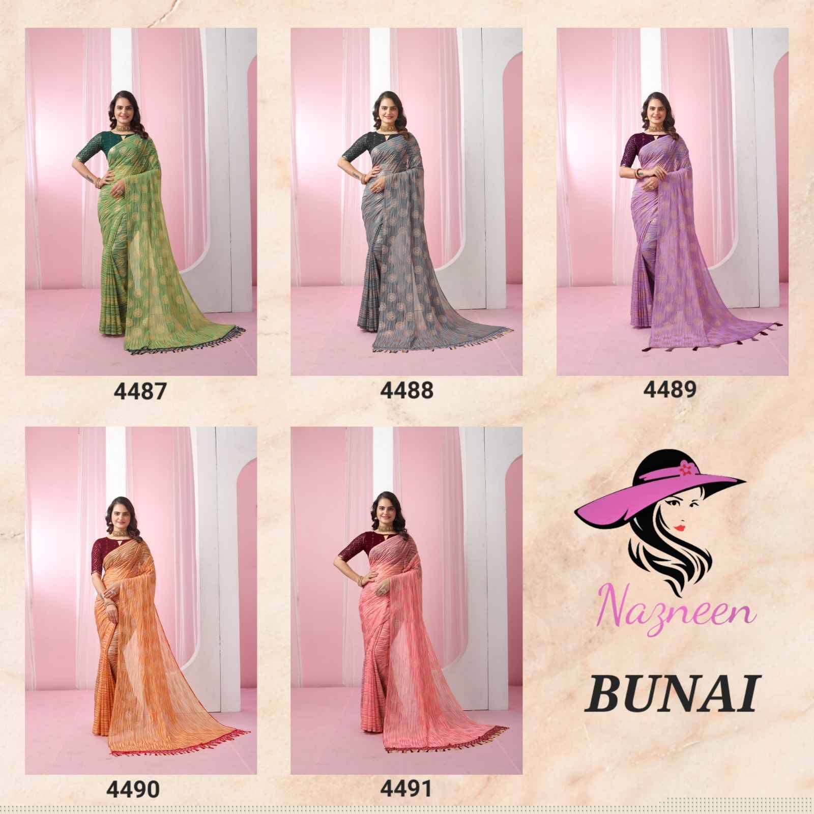 Bunai By Nazneen 4487 To 4491 Series Indian Traditional Wear Collection Beautiful Stylish Fancy Colorful Party Wear & Occasional Wear Georgette Sarees At Wholesale Price