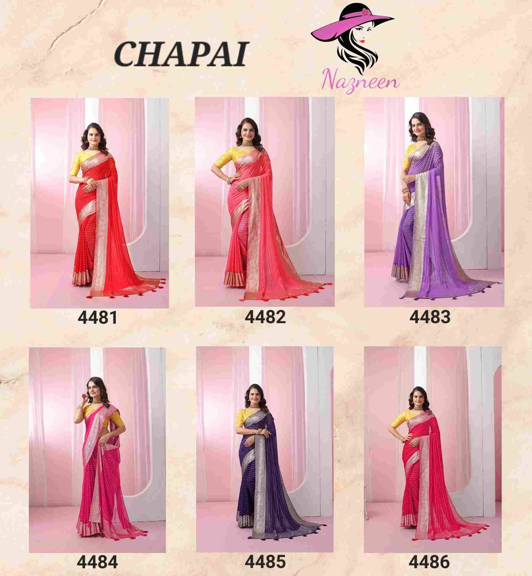 Chapai By Nazneen 4481 To 4486 Series Indian Traditional Wear Collection Beautiful Stylish Fancy Colorful Party Wear & Occasional Wear Viscose Georgette Sarees At Wholesale Price