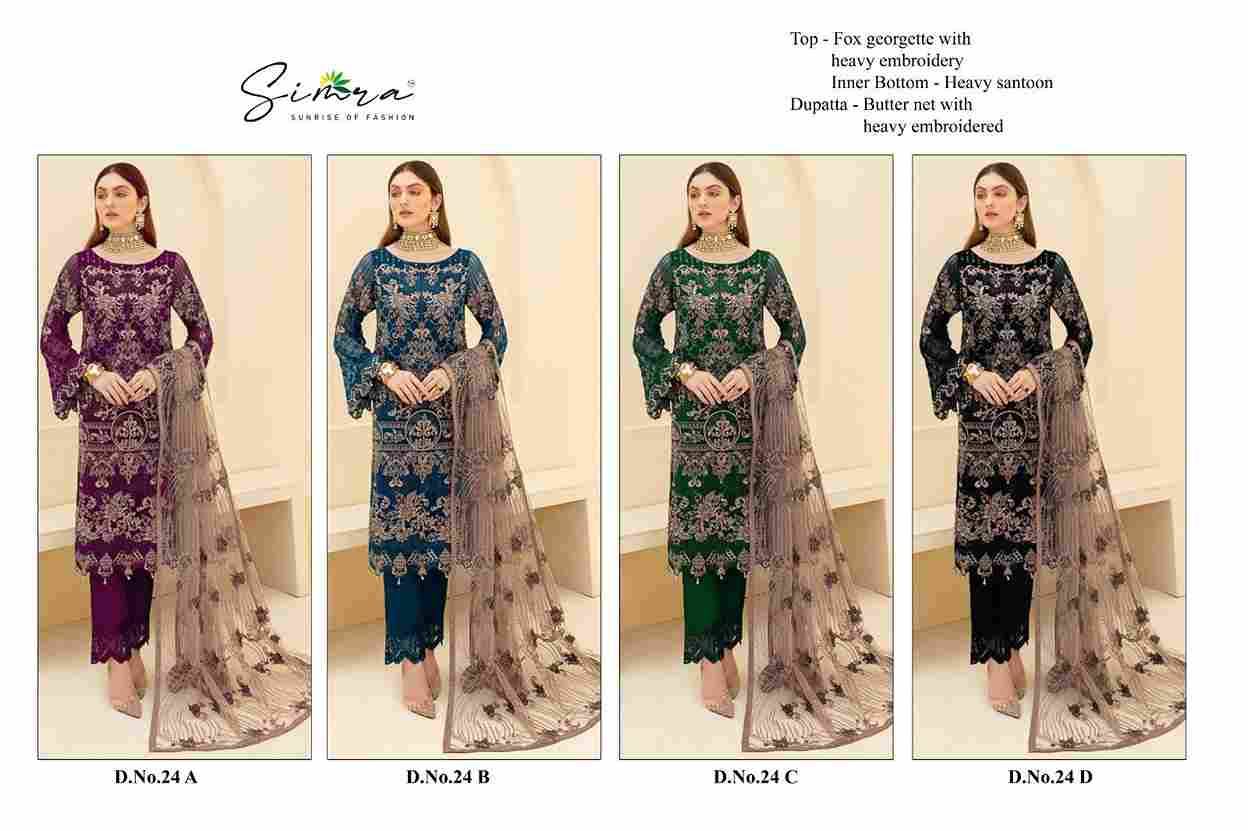 Simra 24 Colours By Fashid Wholesale 24-A To 24-D Series Pakistani Suits Beautiful Fancy Colorful Stylish Party Wear & Occasional Wear Faux Georgette With Embroidery Dresses At Wholesale Price