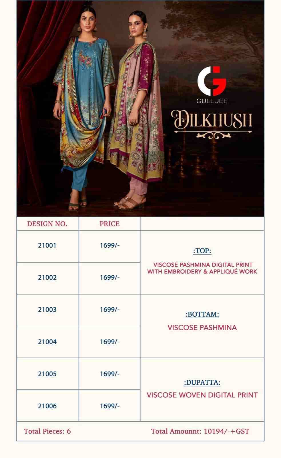 Dilkhush By Gull Jee 21001 To 21006 Series Beautiful Festive Suits Stylish Fancy Colorful Party Wear & Occasional Wear Viscose Pashmina Dresses At Wholesale Price