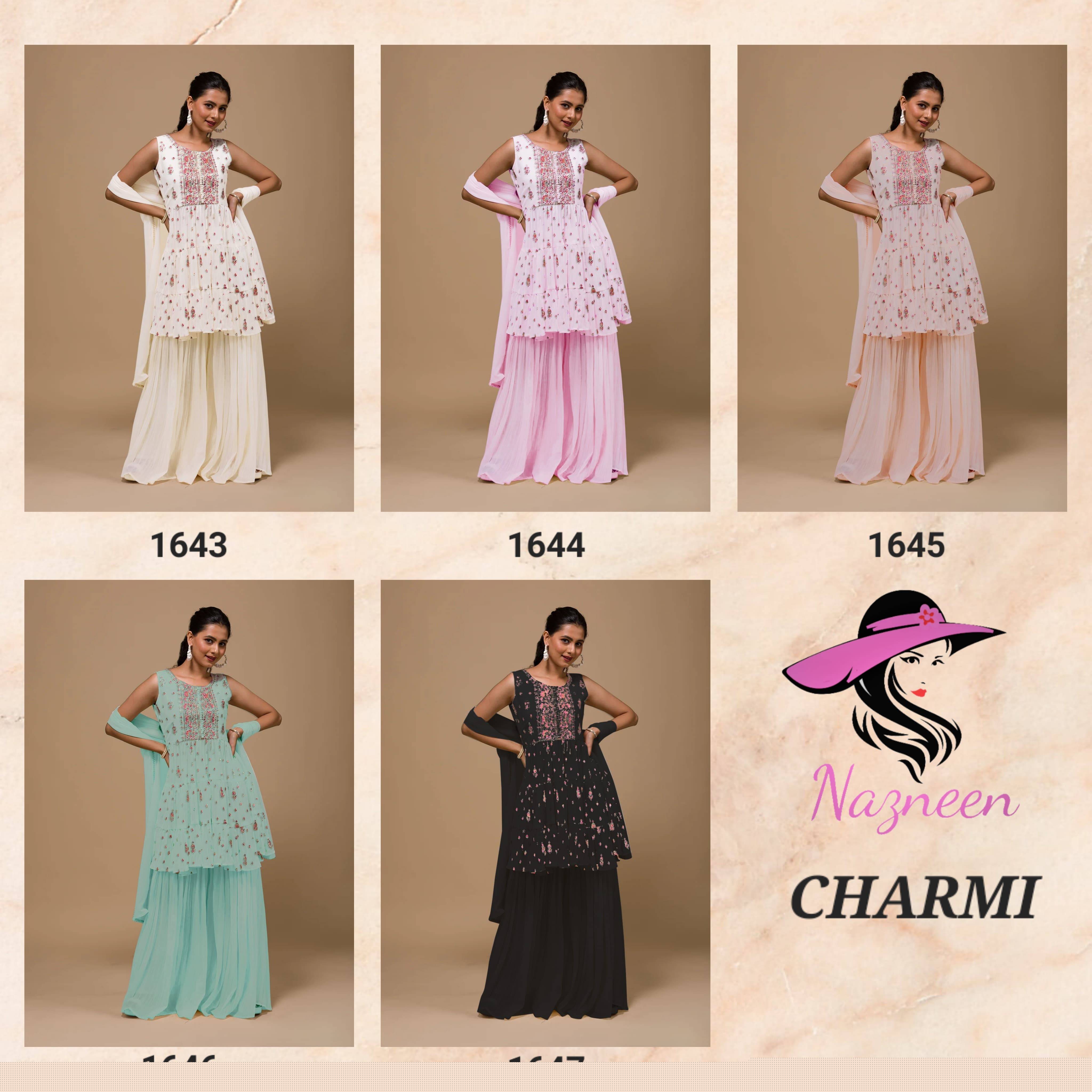 Charmi By Nazneen 1643 To 1648 Series Beautiful Suits Colorful Stylish Fancy Casual Wear & Ethnic Wear Heavy Georgette Embroidered Dresses At Wholesale Price