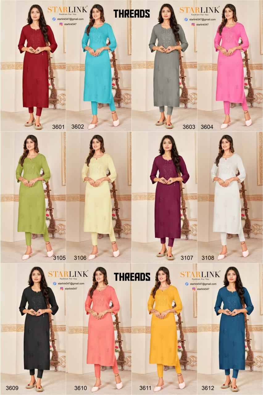 Threads By Starlink 3601 To 3612 Series Beautiful Stylish Fancy Colorful Casual Wear & Ethnic Wear Rayon With Work Kurtis At Wholesale Price