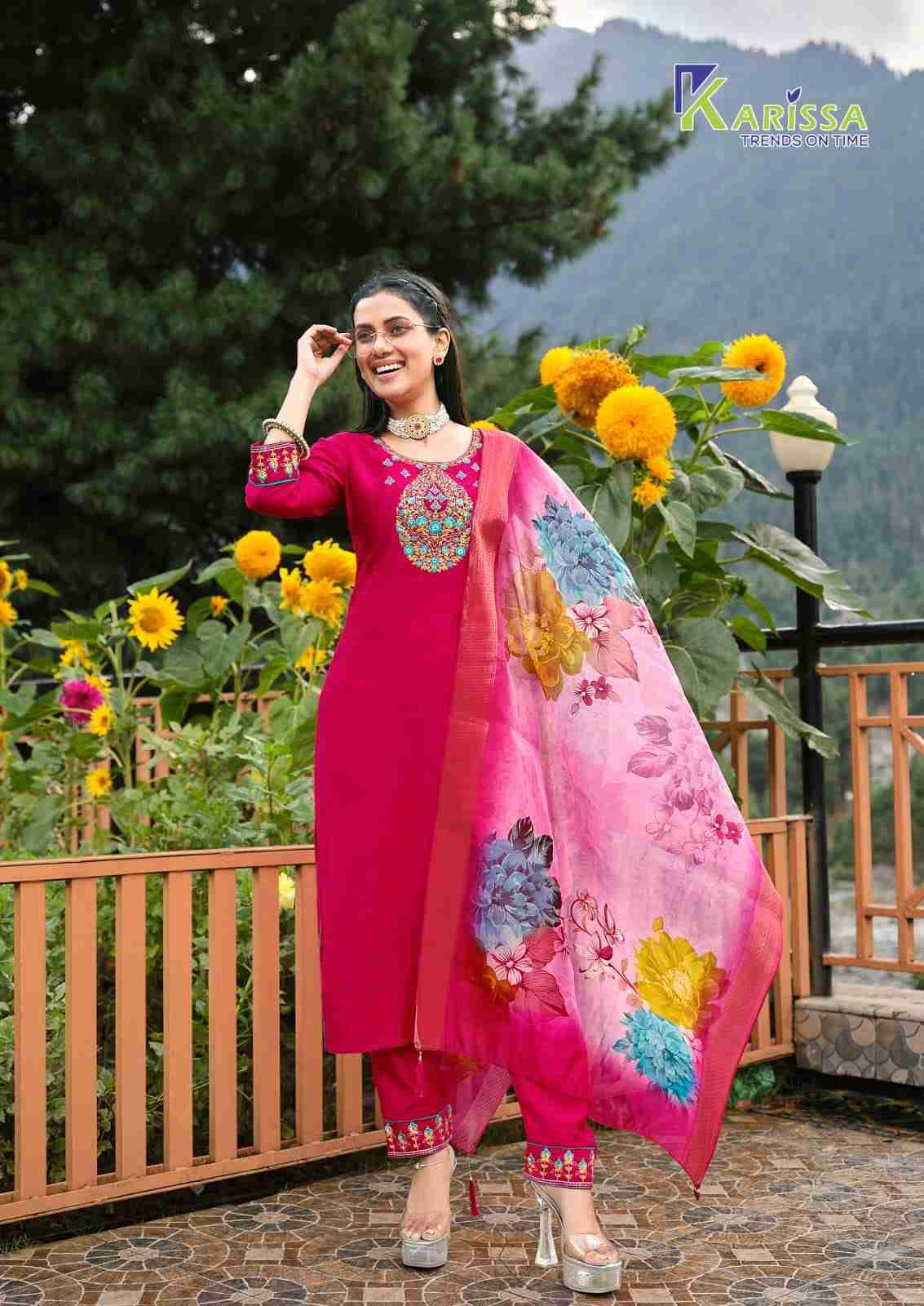 Florence By Karissa 1001 To 1004 Series Beautiful Festive Suits Colorful Stylish Fancy Casual Wear & Ethnic Wear Pure Viscose Silk Embroidered Dresses At Wholesale Price