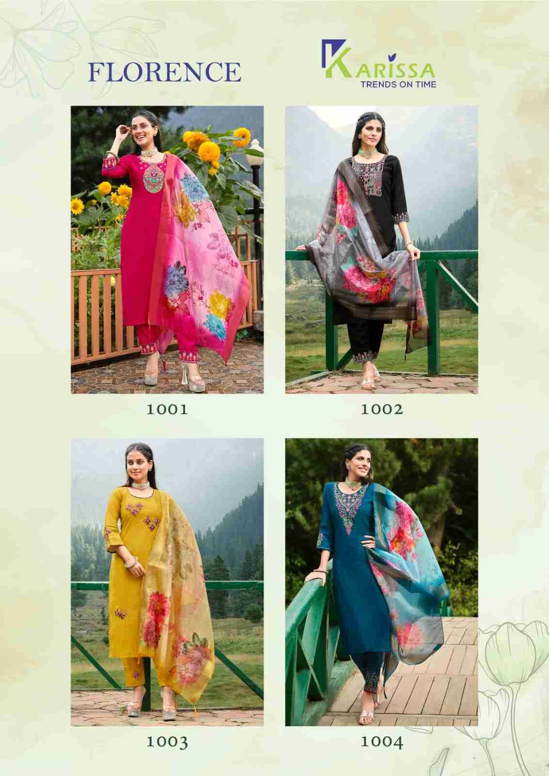 Florence By Karissa 1001 To 1004 Series Beautiful Festive Suits Colorful Stylish Fancy Casual Wear & Ethnic Wear Pure Viscose Silk Embroidered Dresses At Wholesale Price