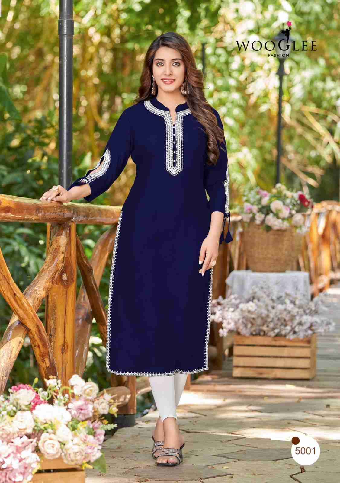 Shloka By Wooglee 5001 To 5006 Series Beautiful Stylish Fancy Colorful Casual Wear & Ethnic Wear & Ready To Wear Heavy Rayon Embroidered Kurtis At Wholesale Price