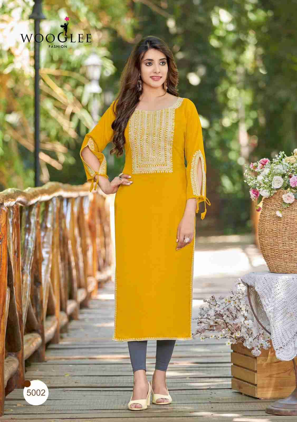 Shloka By Wooglee 5001 To 5006 Series Beautiful Stylish Fancy Colorful Casual Wear & Ethnic Wear & Ready To Wear Heavy Rayon Embroidered Kurtis At Wholesale Price