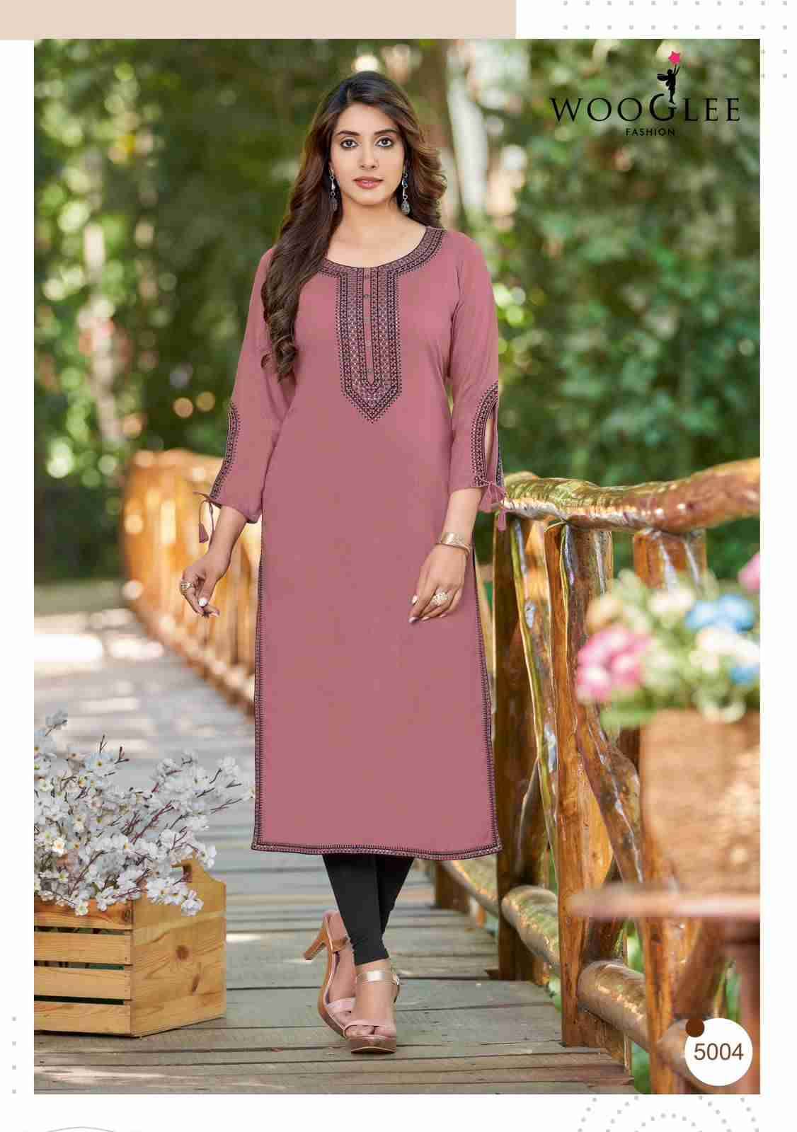 Shloka By Wooglee 5001 To 5006 Series Beautiful Stylish Fancy Colorful Casual Wear & Ethnic Wear & Ready To Wear Heavy Rayon Embroidered Kurtis At Wholesale Price