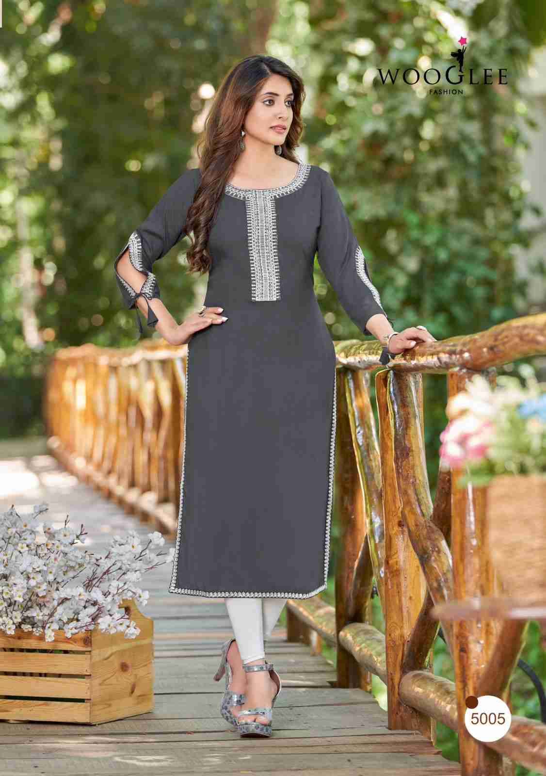 Shloka By Wooglee 5001 To 5006 Series Beautiful Stylish Fancy Colorful Casual Wear & Ethnic Wear & Ready To Wear Heavy Rayon Embroidered Kurtis At Wholesale Price