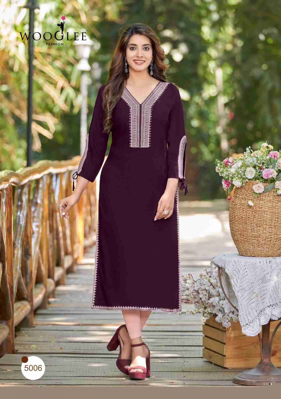 Shloka By Wooglee 5001 To 5006 Series Beautiful Stylish Fancy Colorful Casual Wear & Ethnic Wear & Ready To Wear Heavy Rayon Embroidered Kurtis At Wholesale Price