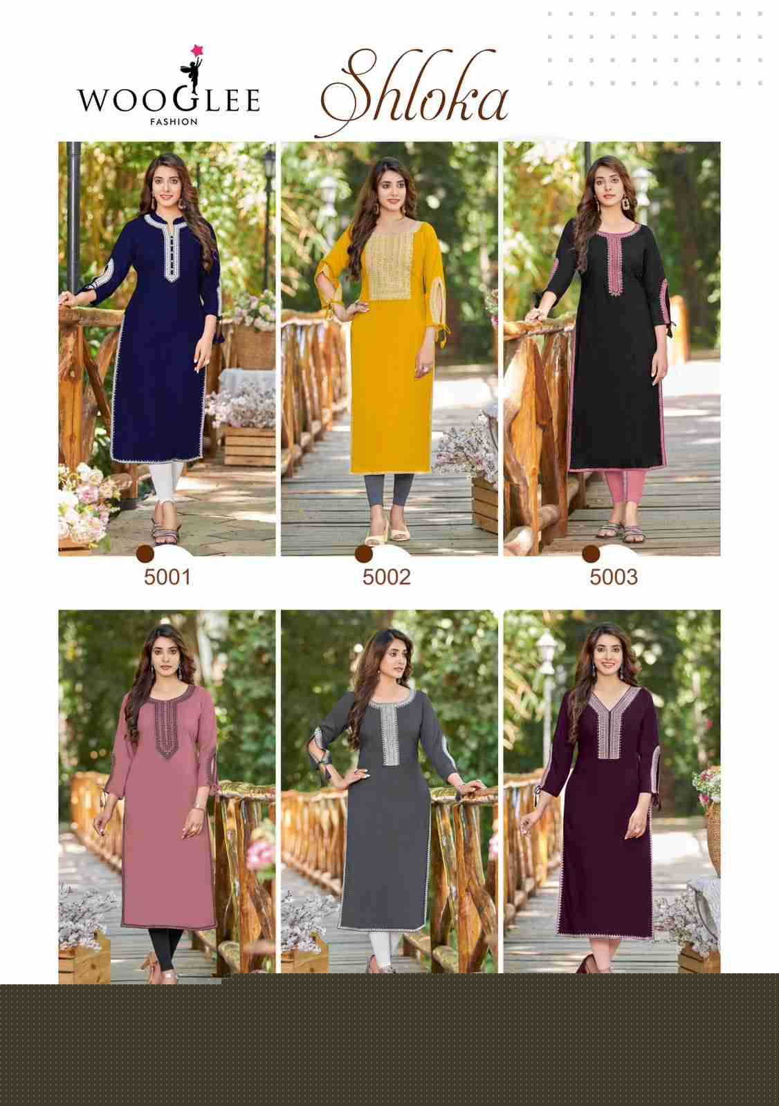 Shloka By Wooglee 5001 To 5006 Series Beautiful Stylish Fancy Colorful Casual Wear & Ethnic Wear & Ready To Wear Heavy Rayon Embroidered Kurtis At Wholesale Price
