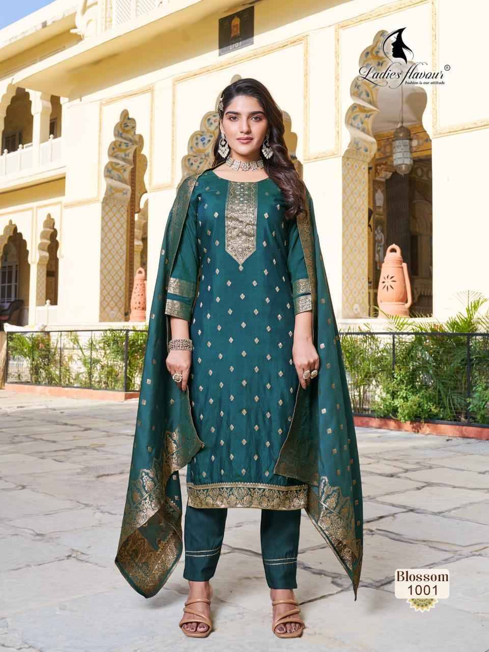 Blossom By Ladies Flavour 1001 To 1004 Series Beautiful Festive Suits Colorful Stylish Fancy Casual Wear & Ethnic Wear Chanderi Dola Jacquard Dresses At Wholesale Price